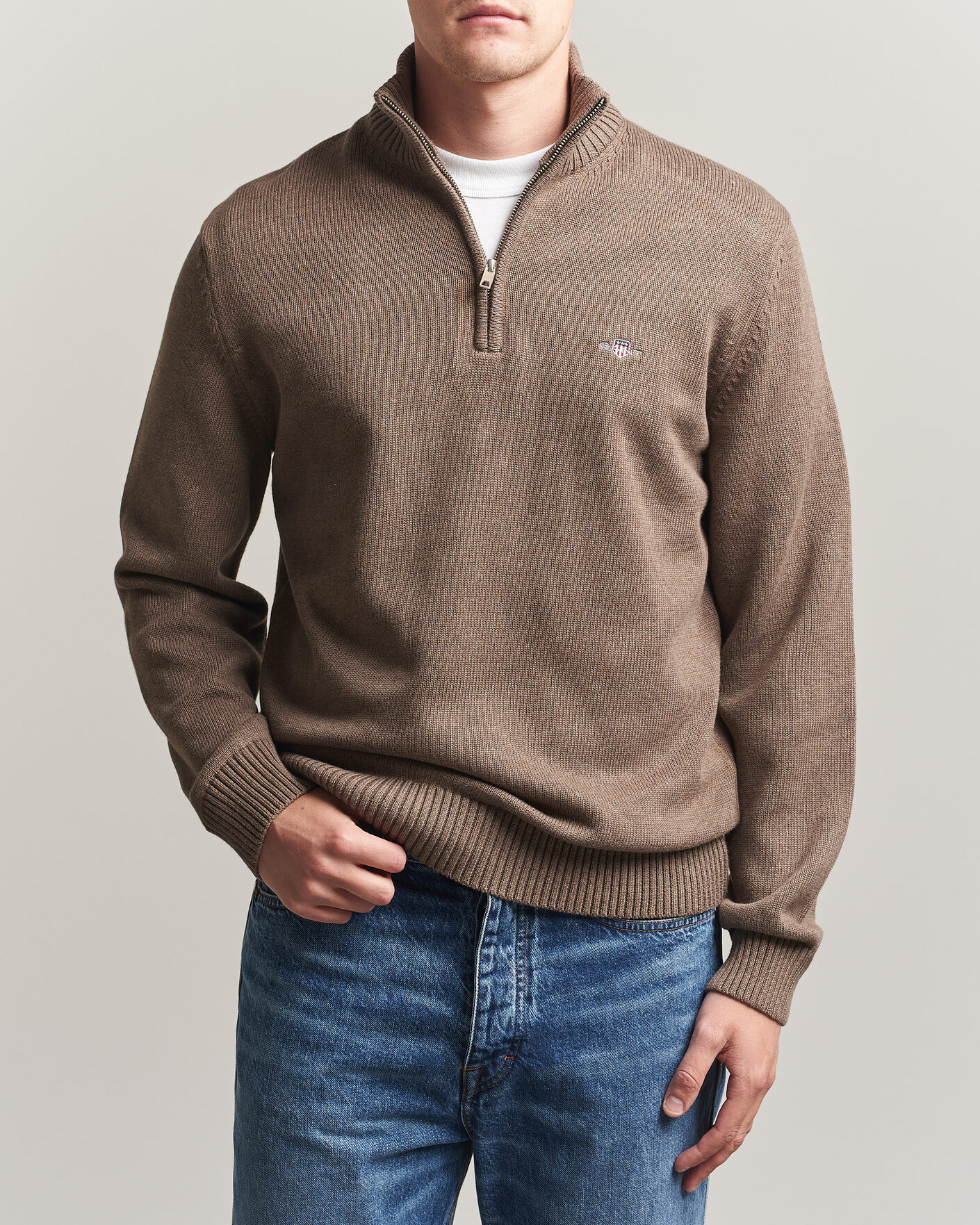 Herr | Tröjor | Gant | Casual Cotton Knitted Half Zip Dark Hazelnut Melange