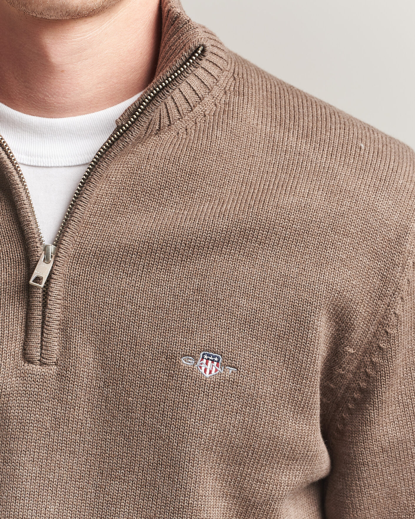 Herr | Tröjor | Gant | Casual Cotton Knitted Half Zip Dark Hazelnut Melange