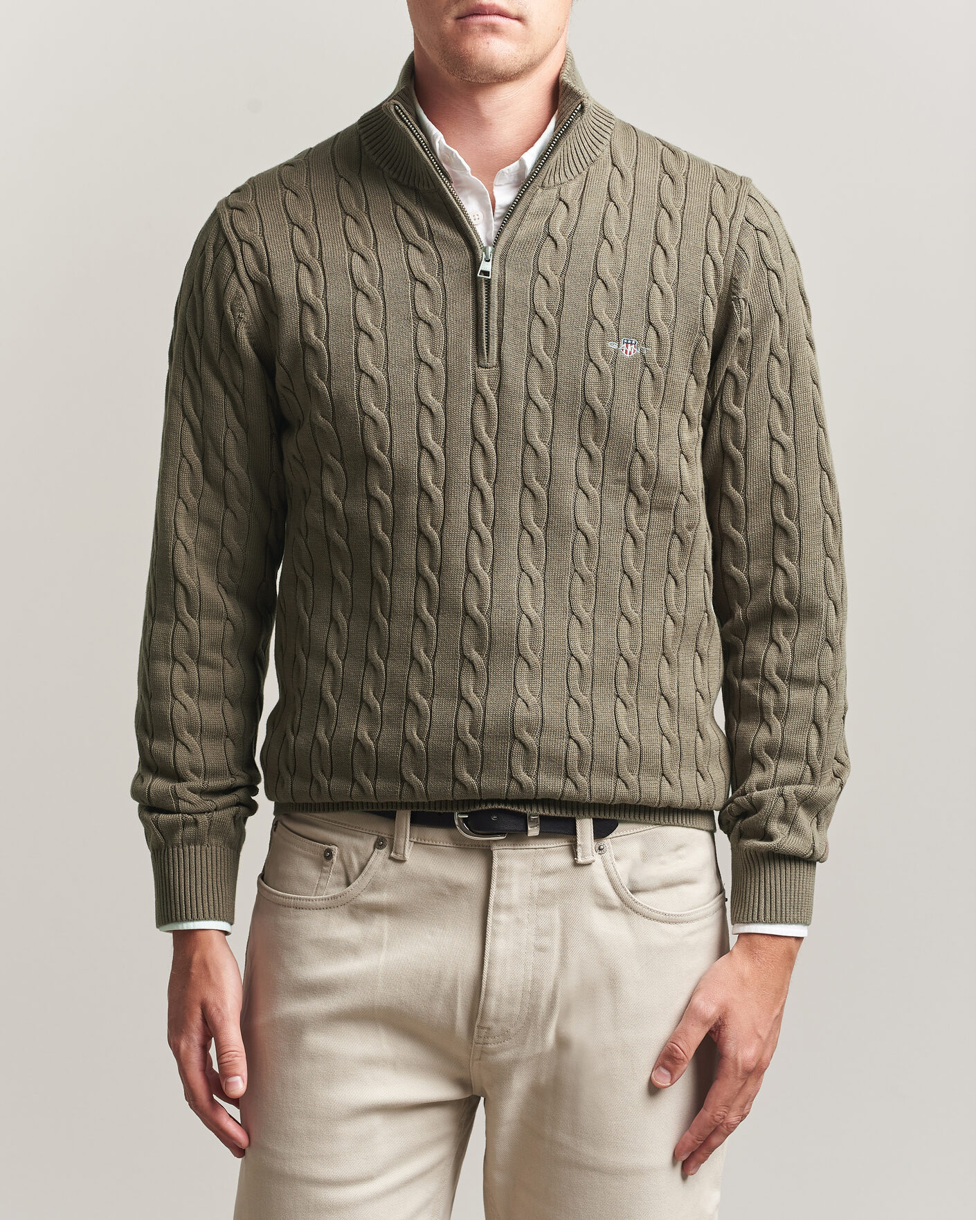 Herr | Tröjor | Gant | Cotton Cable Half Zip Faded Taupe
