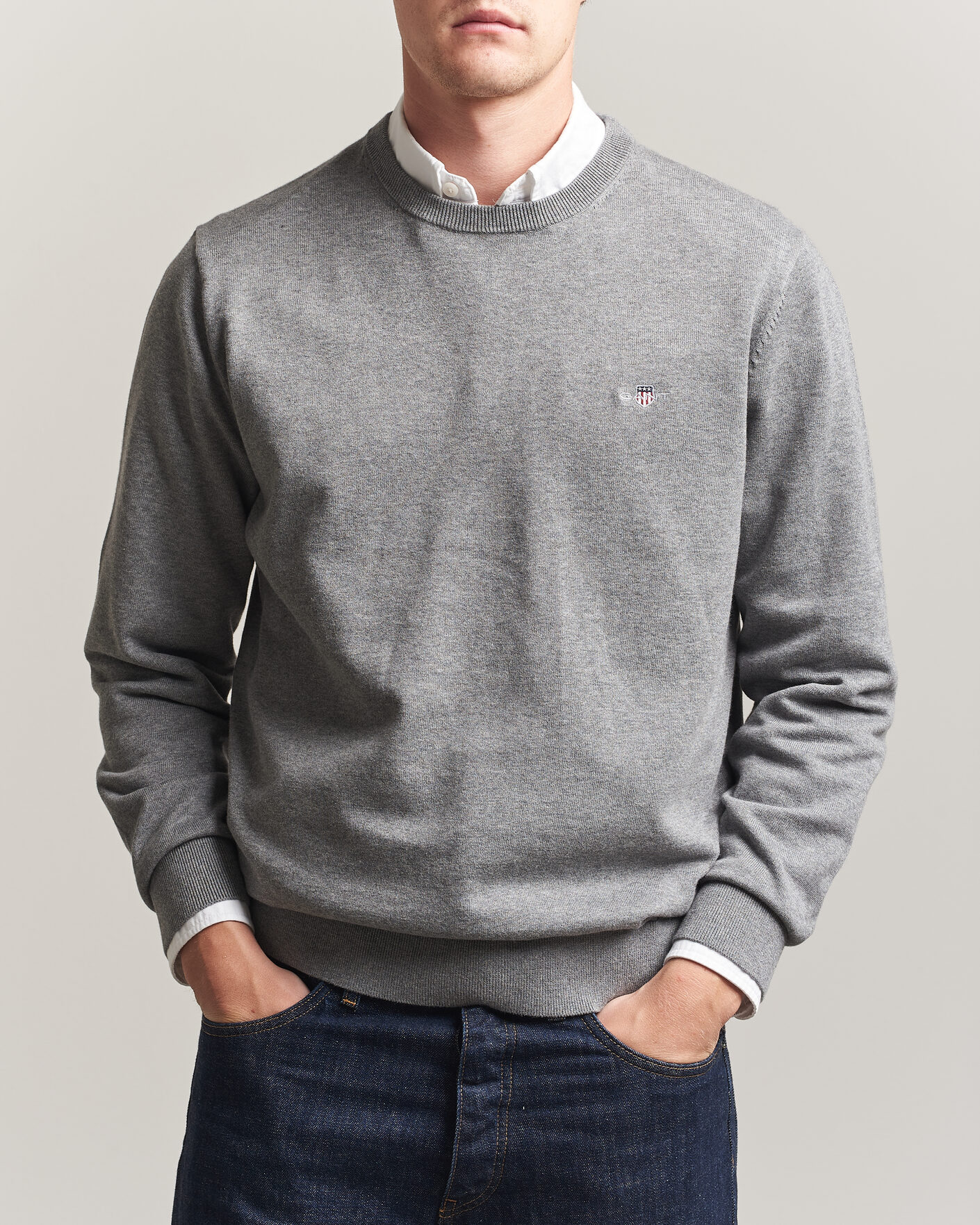Herr | Tröjor | Gant | Classic Cotton Crew Neck Dark Grey Melange
