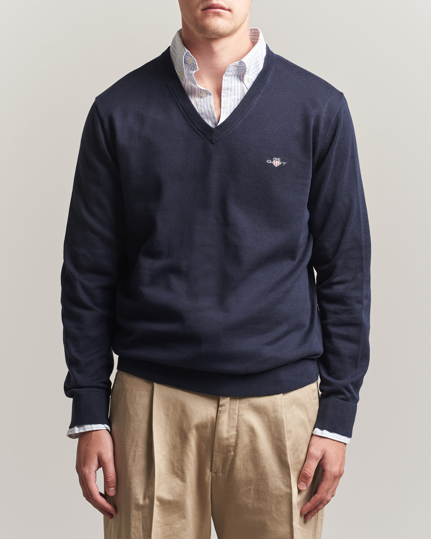 Herr | Tröjor | Gant | Classic Cotton V-Neck Evening Blue