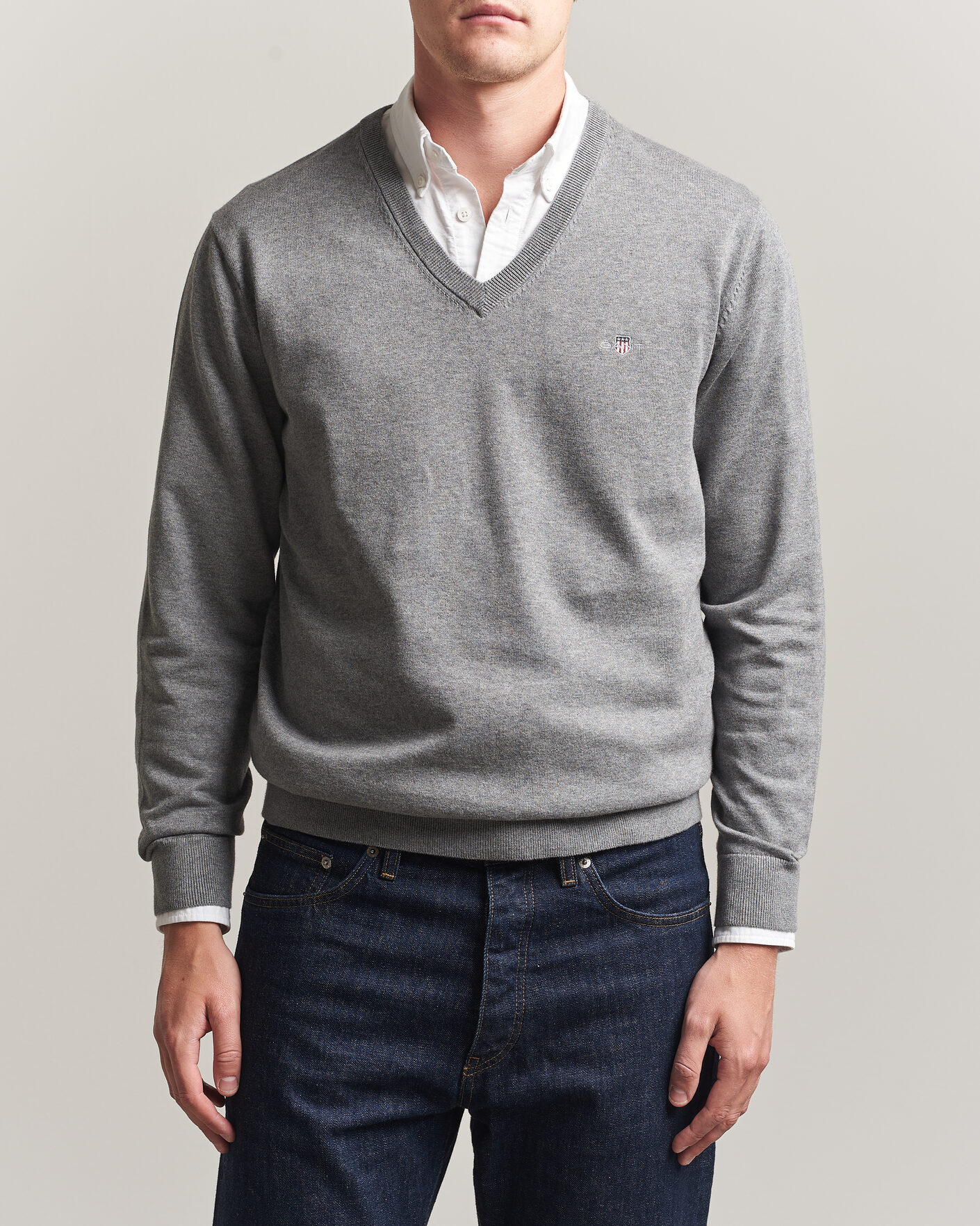 Herr | Tröjor | Gant | Classic Cotton V-Neck Dark Grey Melange