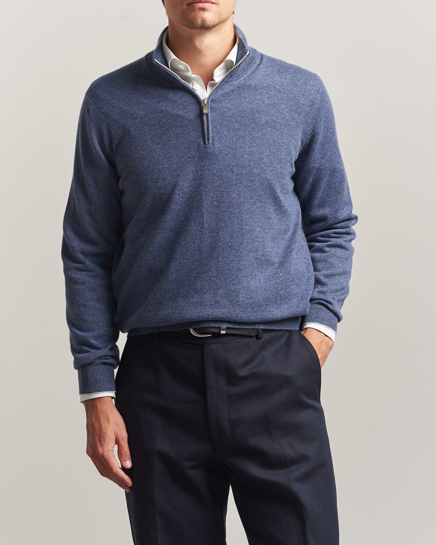 Herr | Tröjor | Brunello Cucinelli | 2 Ply Cashmere Half Zip Denim Blue