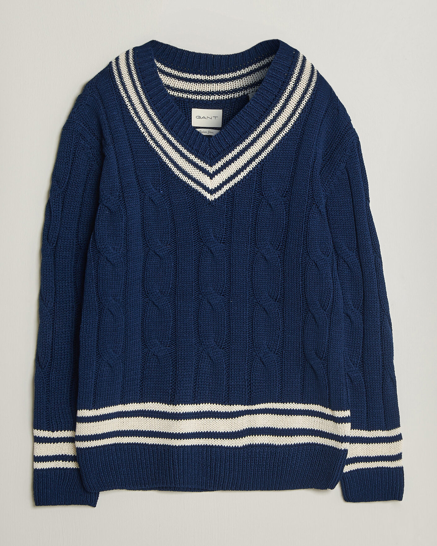 Herr | Tröjor | Gant | Mercerized Cotton Knitted Cable V-Neck Persian Blue