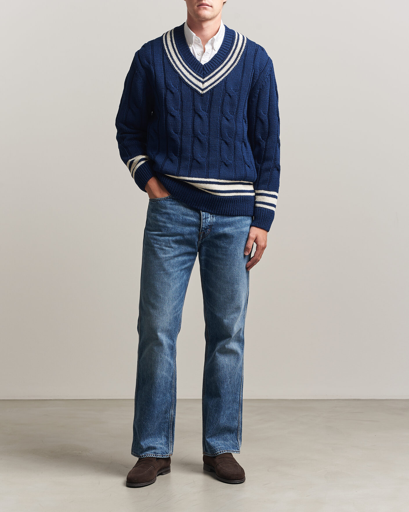 Herr | Tröjor | Gant | Mercerized Cotton Knitted Cable V-Neck Persian Blue