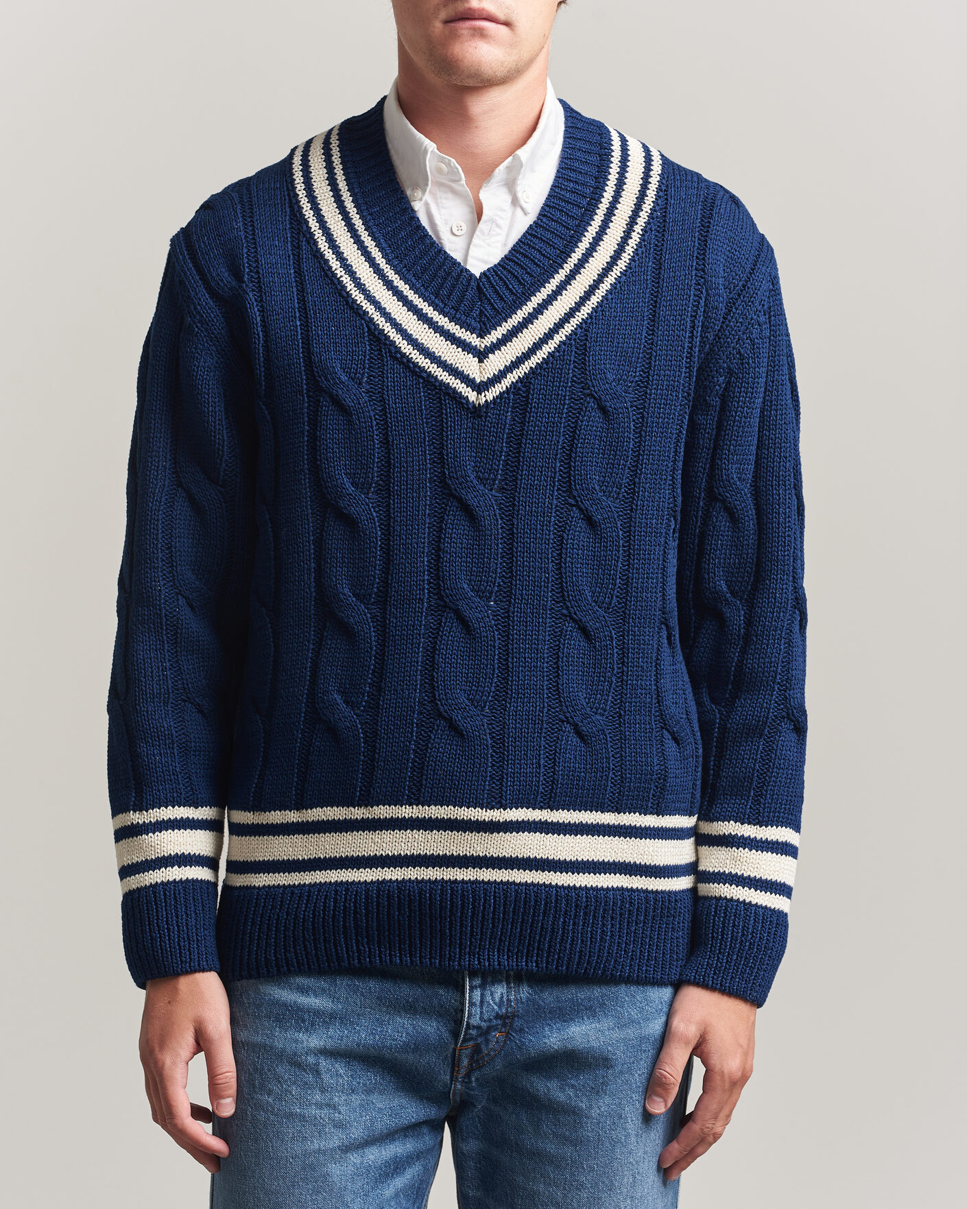 Herr | Tröjor | Gant | Mercerized Cotton Knitted Cable V-Neck Persian Blue