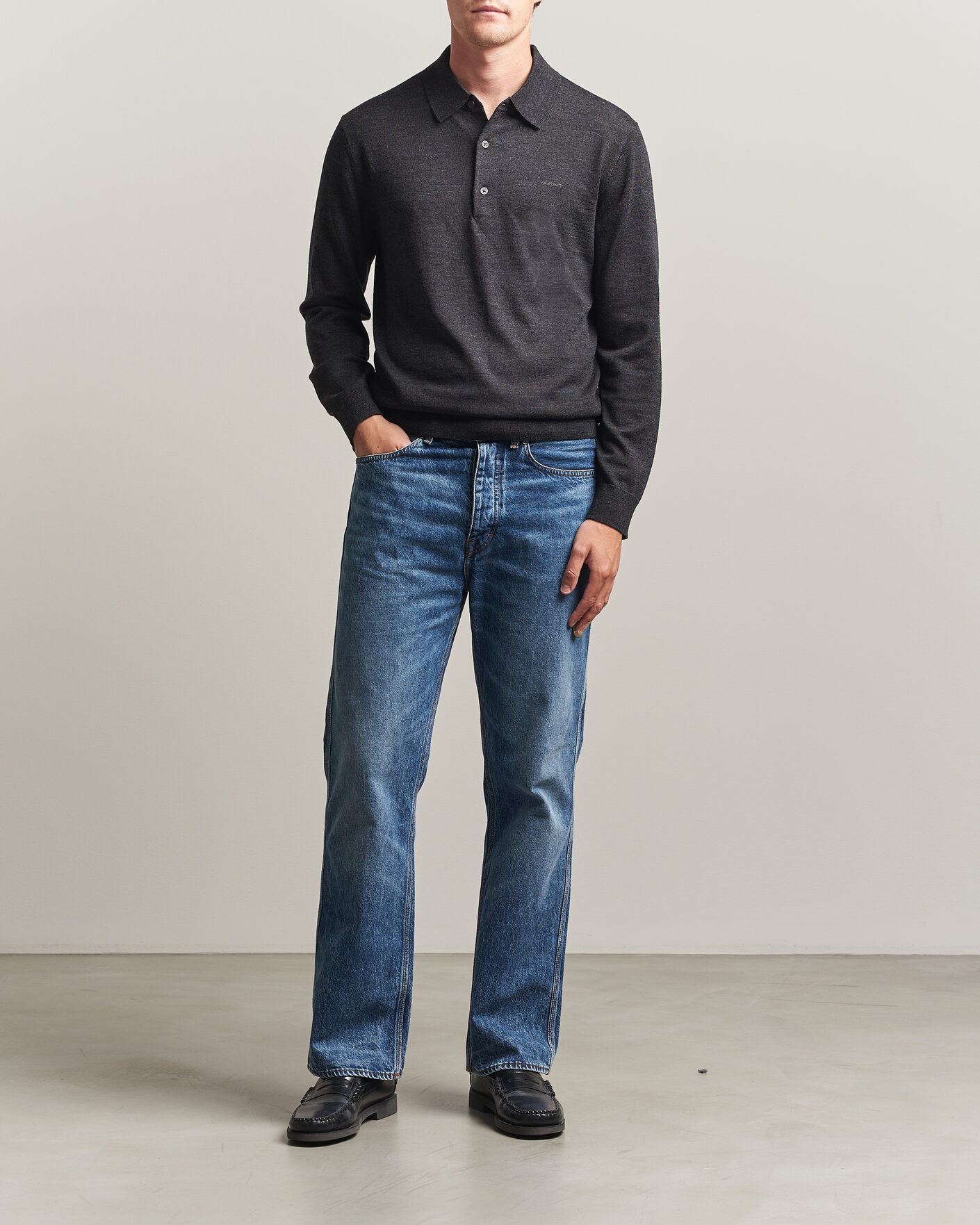 Herr | Tröjor | Gant | Extrafine Merino Knitted Polo Dark Charcoal Melange