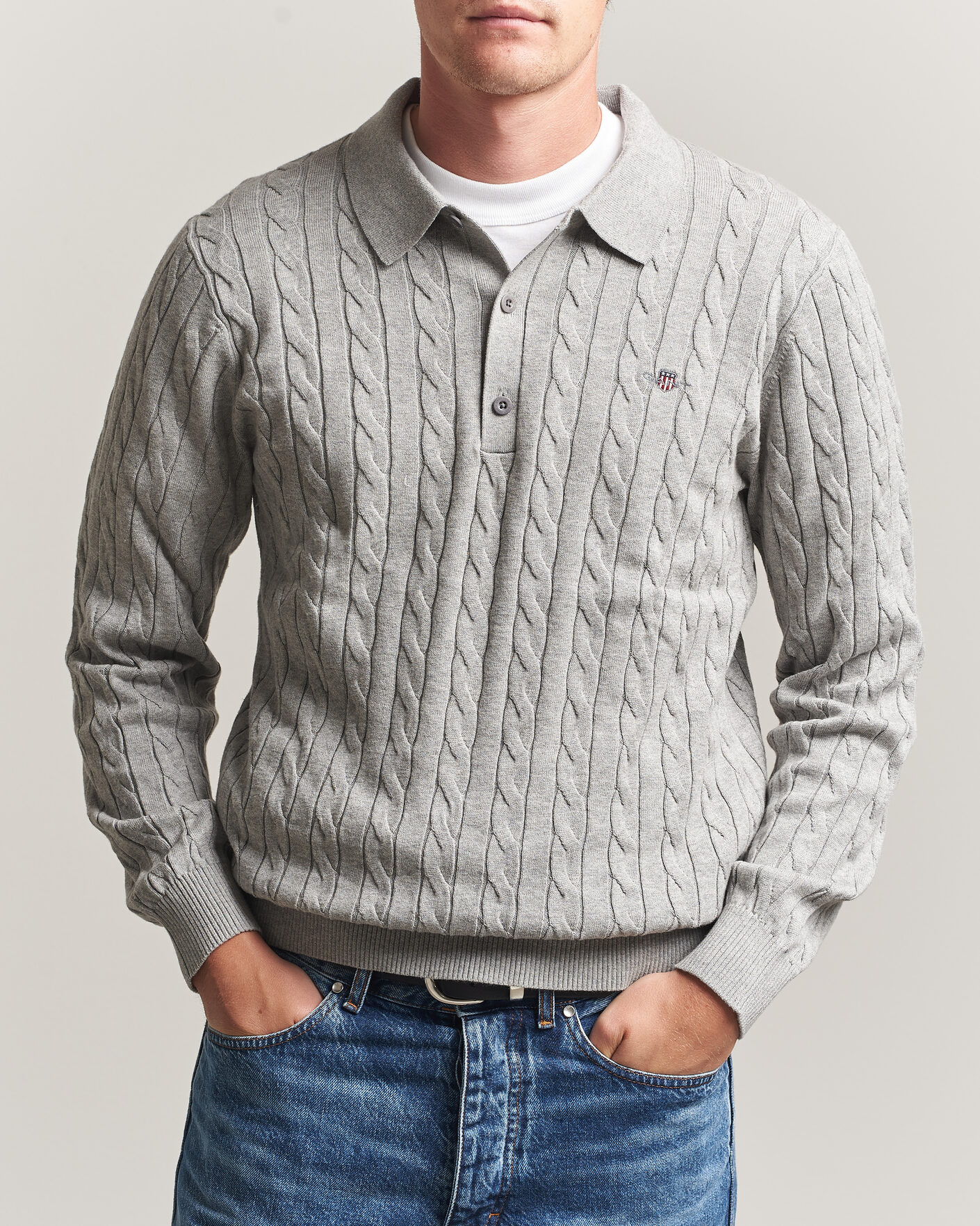 Herr | Tröjor | Gant | Cotton Cable Polo Grey Melange