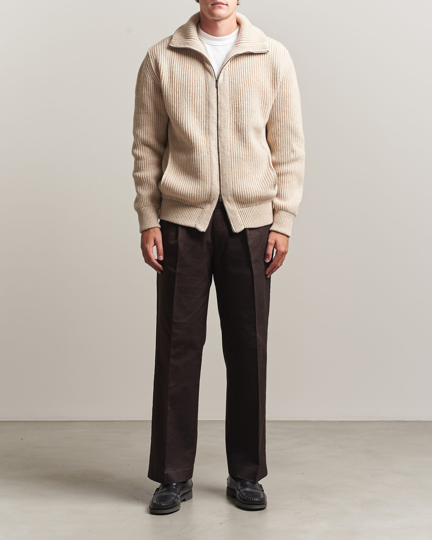 Herr | Tröjor | Altea | Rib Wool Bomber Cardigan Beige