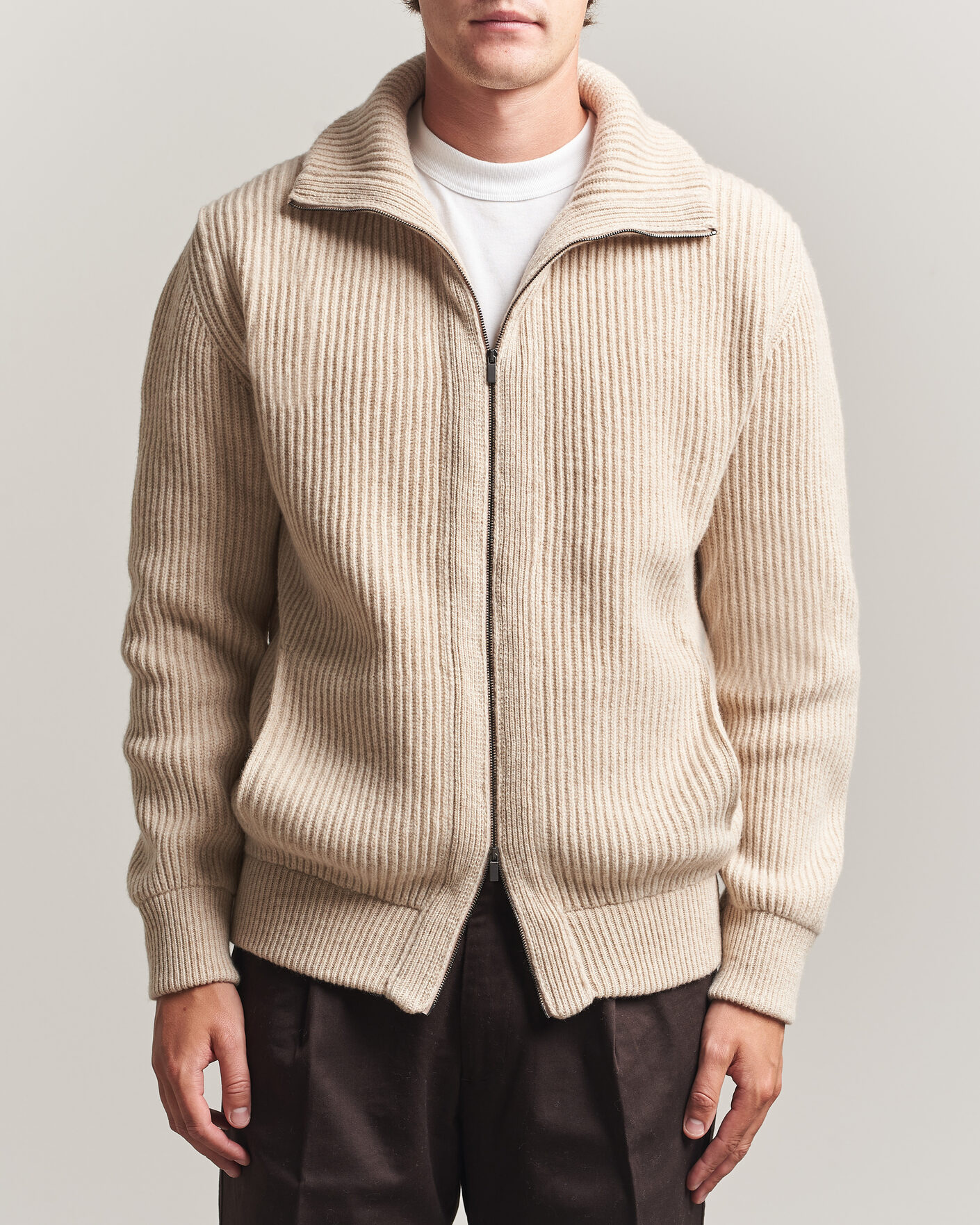 Herr | Tröjor | Altea | Rib Wool Bomber Cardigan Beige