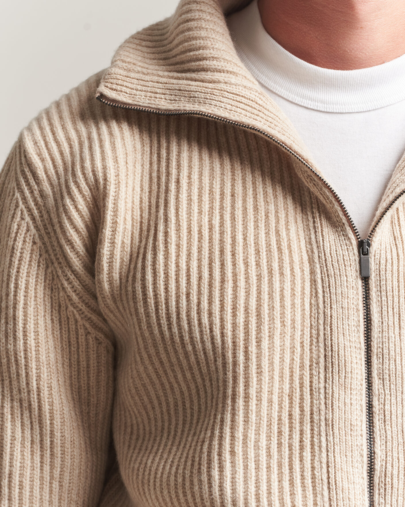 Herr | Tröjor | Altea | Rib Wool Bomber Cardigan Beige