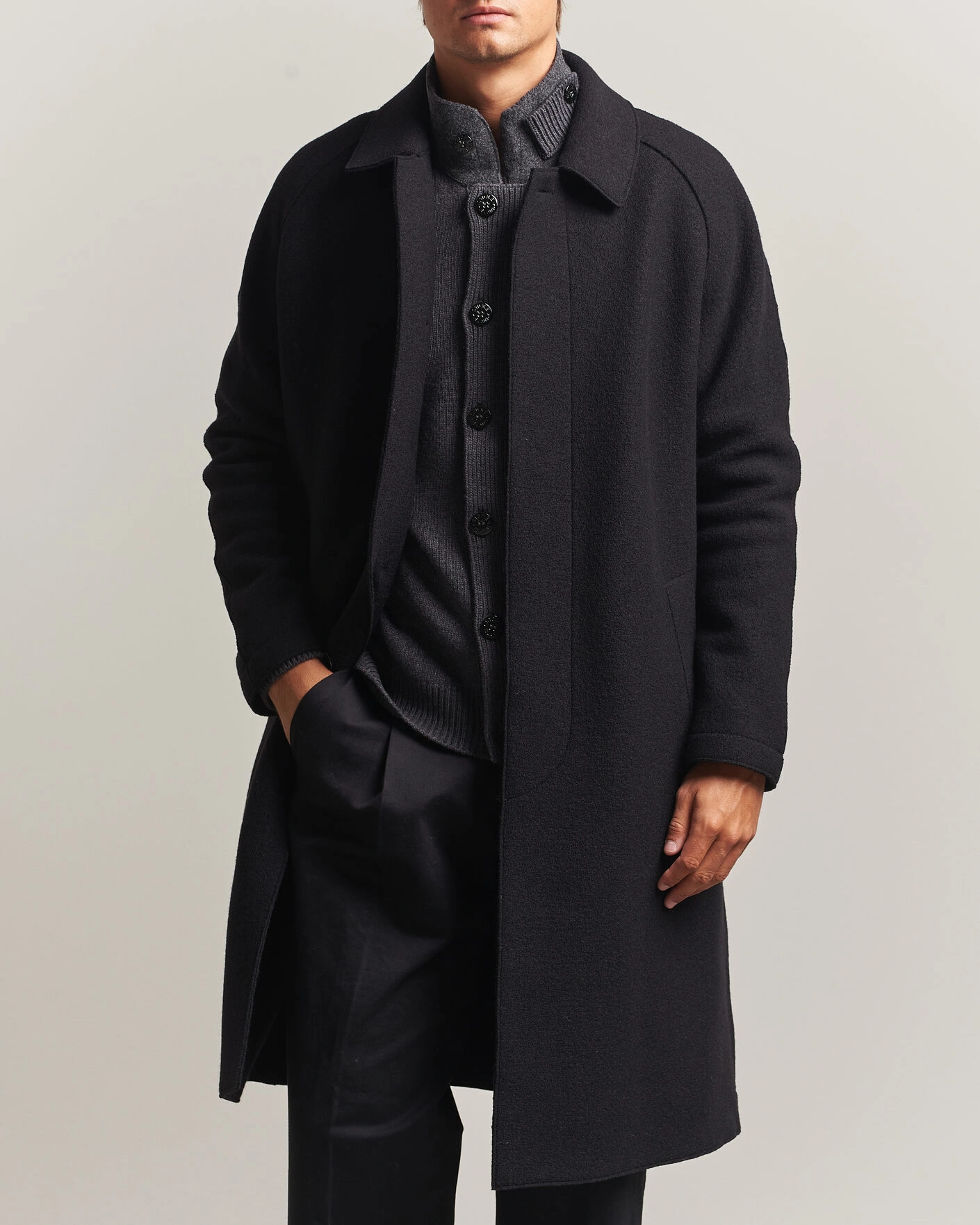 Herr | Jackor | Harris Wharf London | Boiled Wool Fly Front Balmacan Coat Black