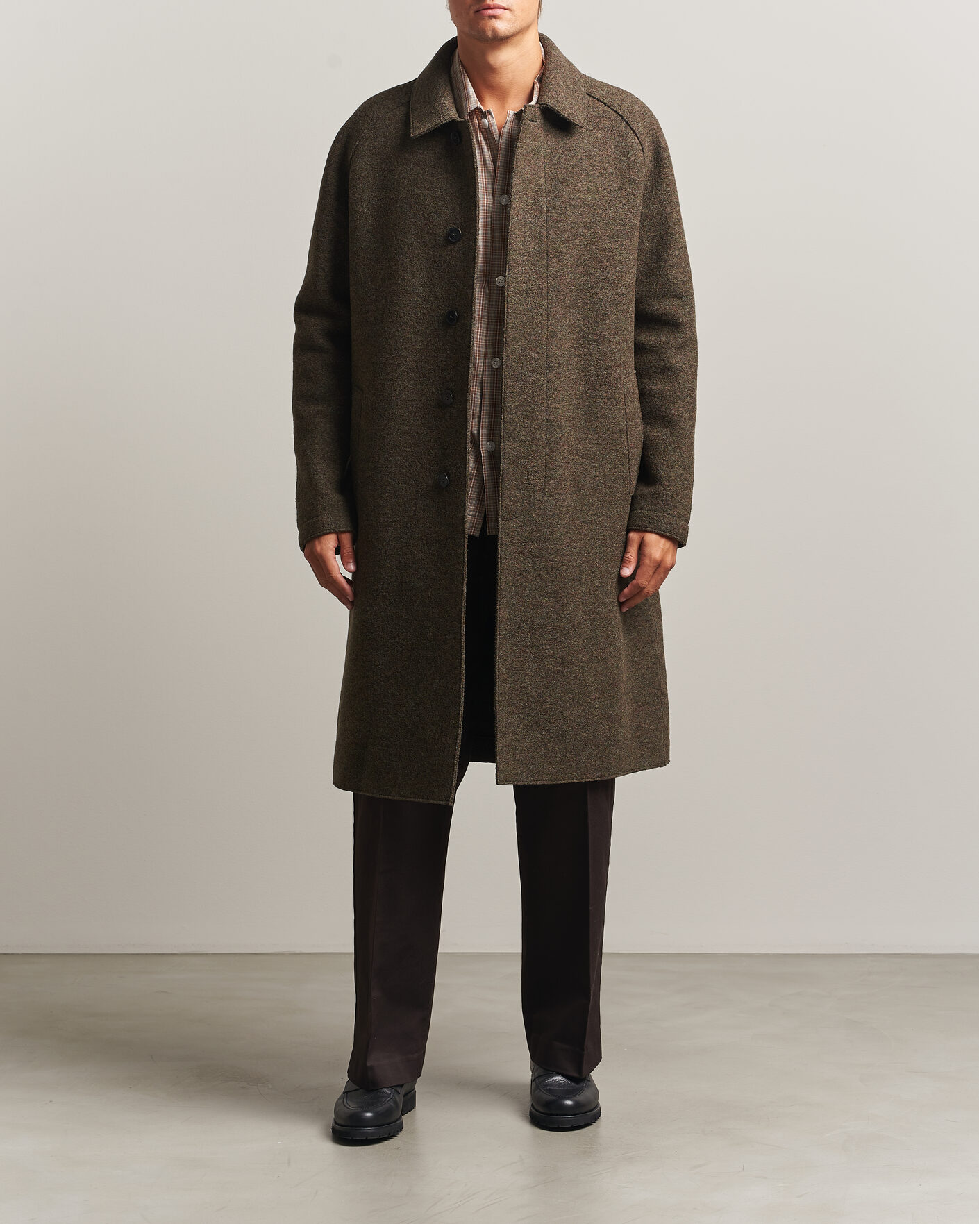Herr | Jackor | Harris Wharf London | Boiled Wool Fly Front Balmacan Coat Brown/Green