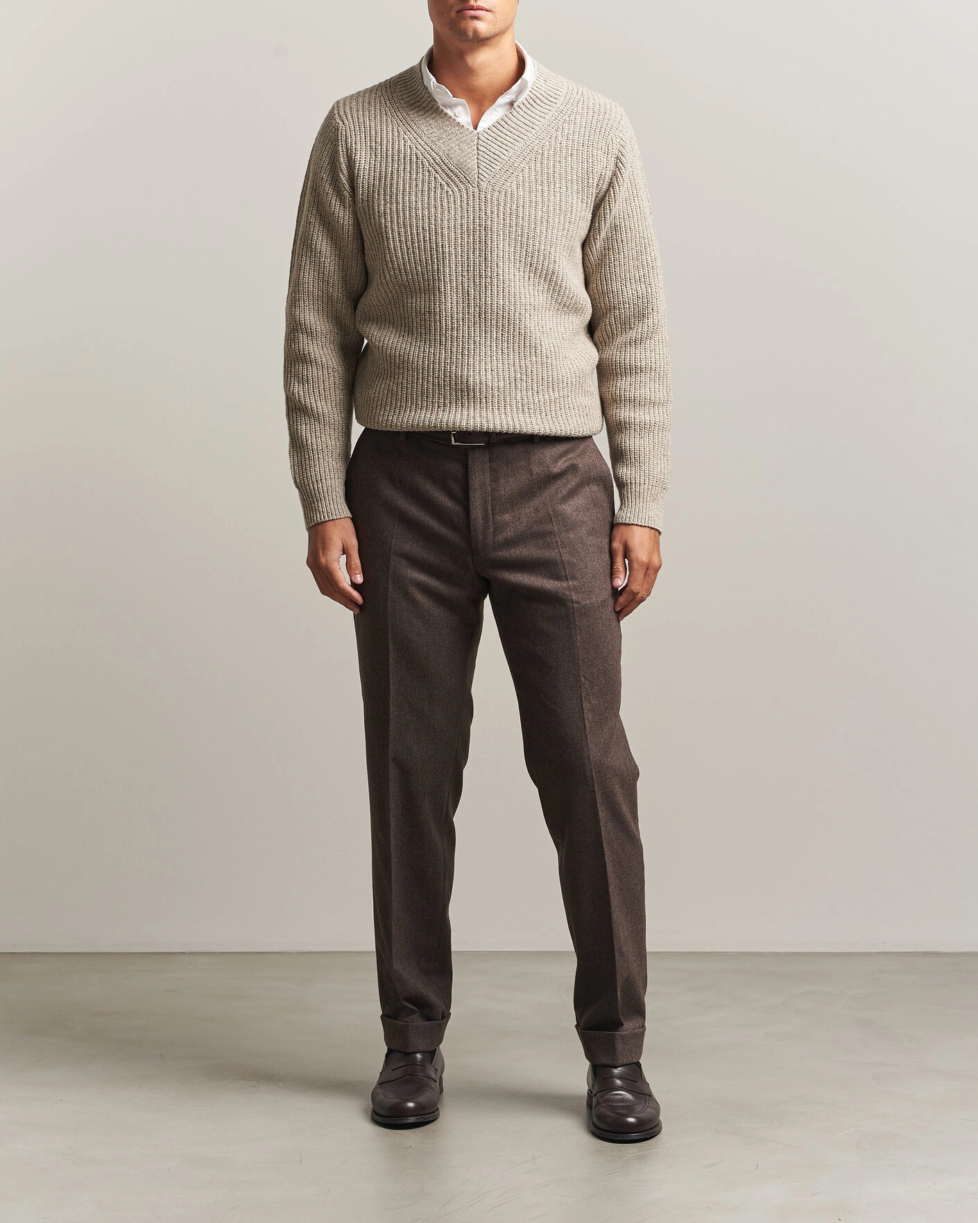 Herr | Tröjor | Morgano | Fisherman Ribb Donegal Knitted V-Neck Beige