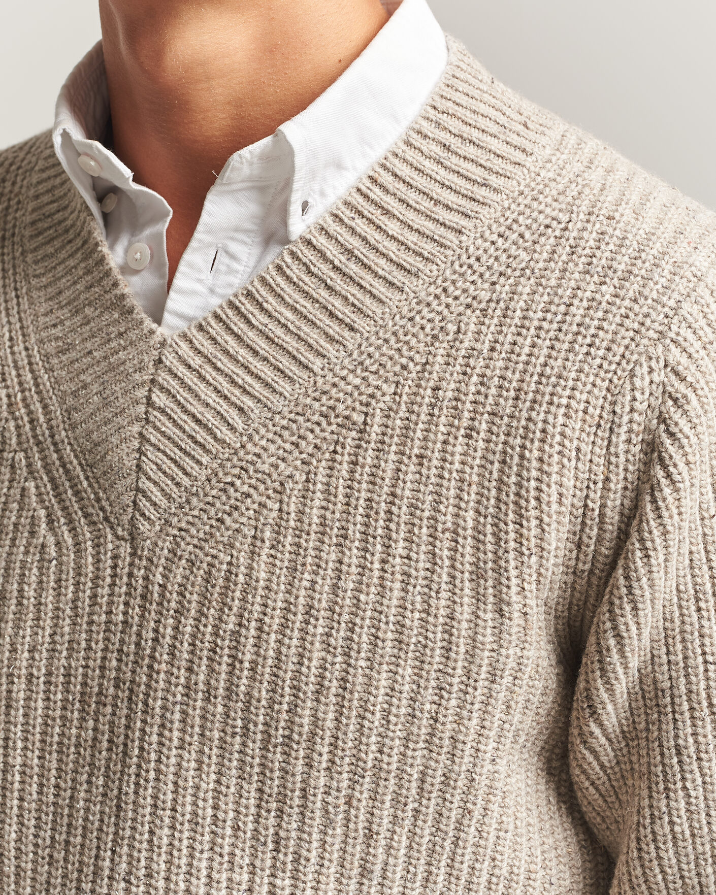 Herr | Tröjor | Morgano | Fisherman Ribb Donegal Knitted V-Neck Beige
