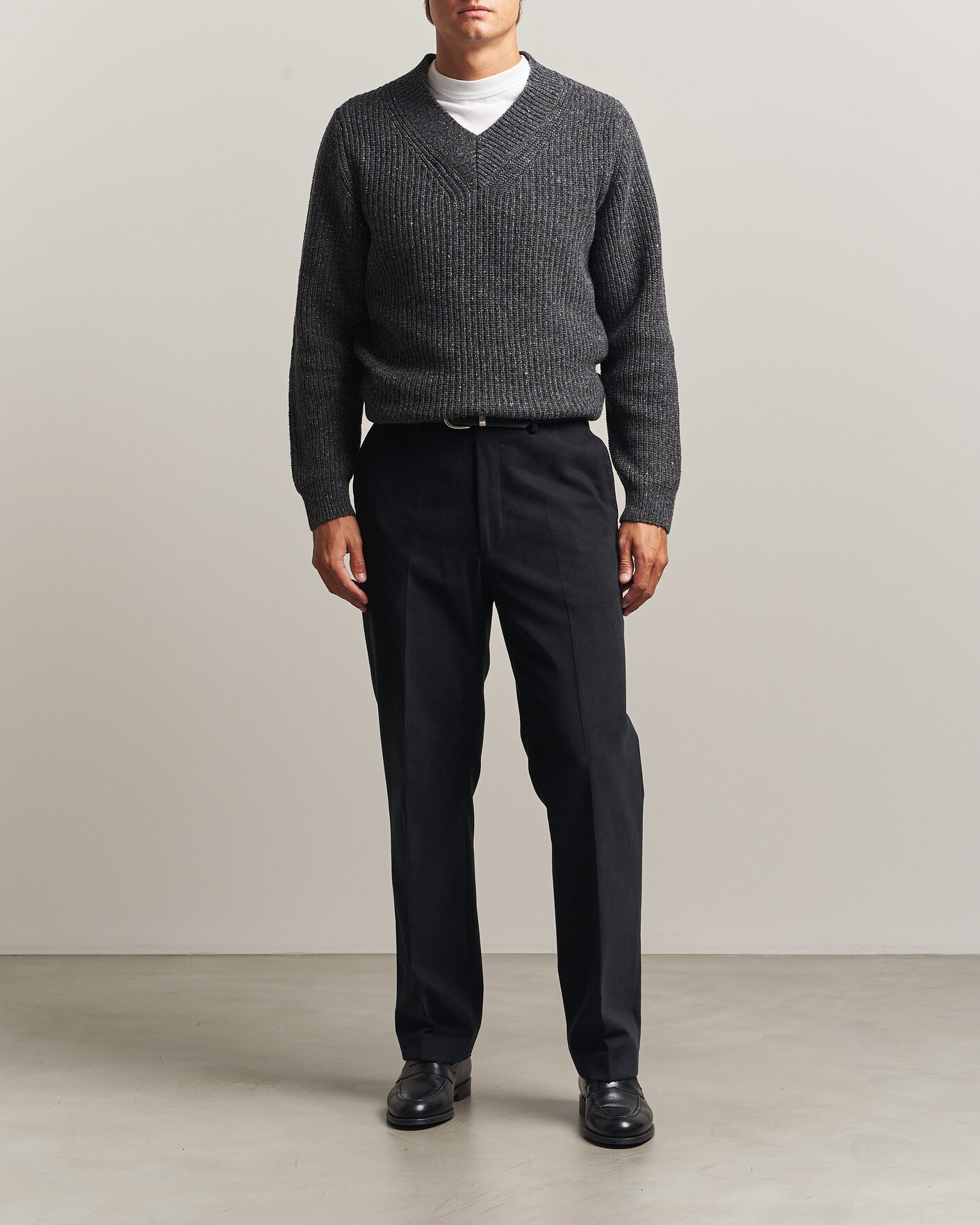 Herr | Tröjor | Morgano | Fisherman Ribb Donegal Knitted V-Neck Dark Grey
