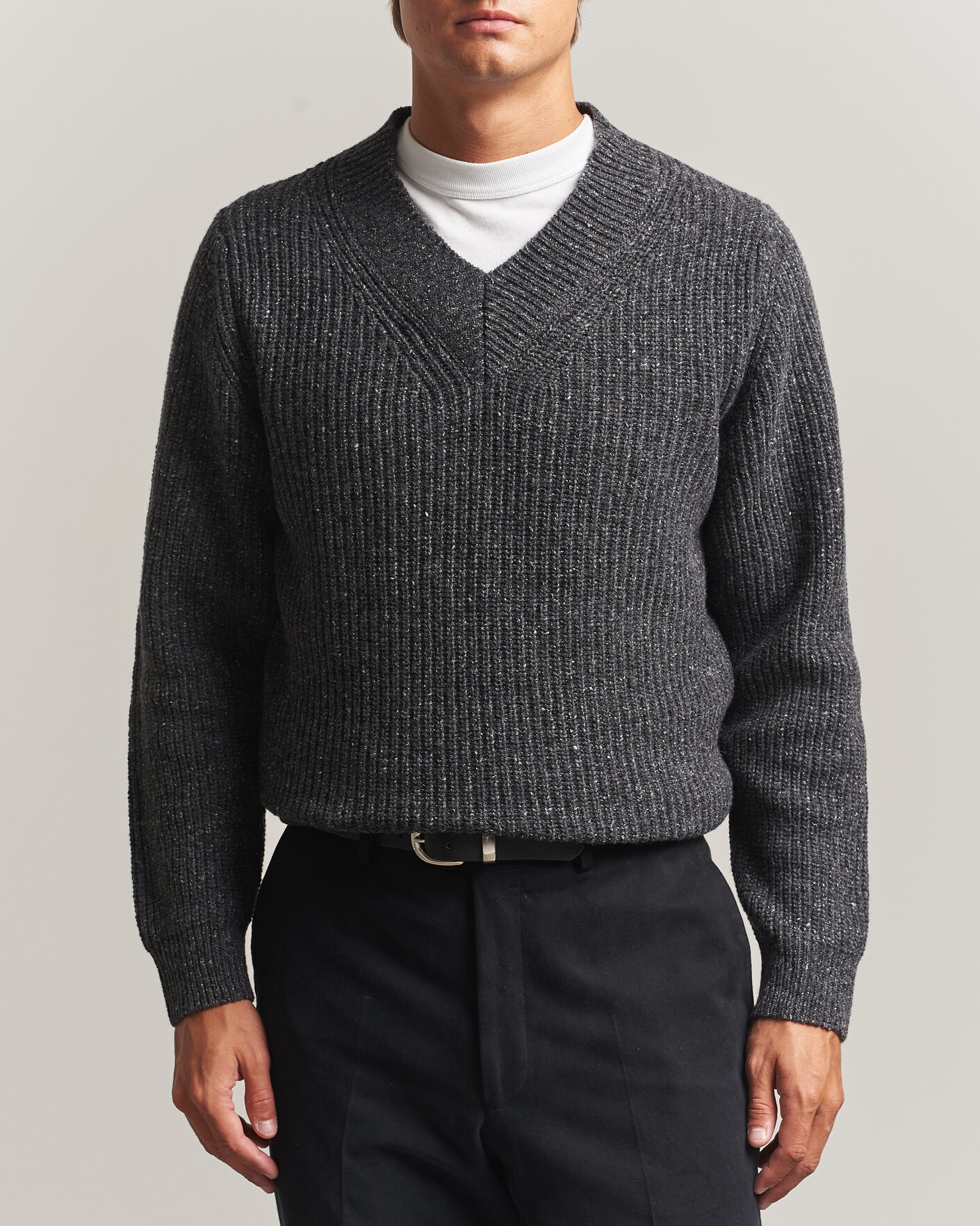 Herr | Tröjor | Morgano | Fisherman Ribb Donegal Knitted V-Neck Dark Grey