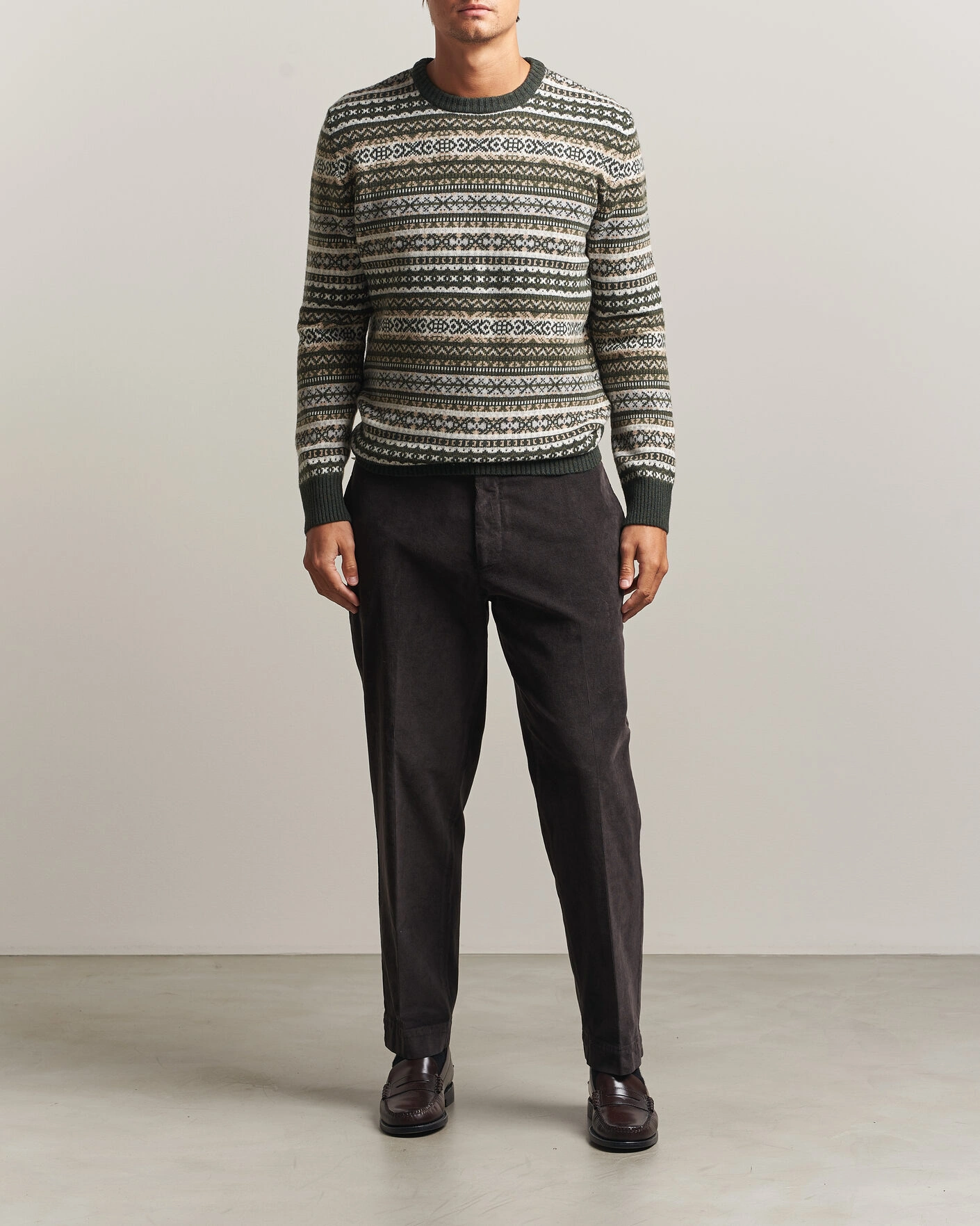 Herr | Tröjor | Morgano | Wool/Cashmere Fair Isle Knitted Crewneck Green