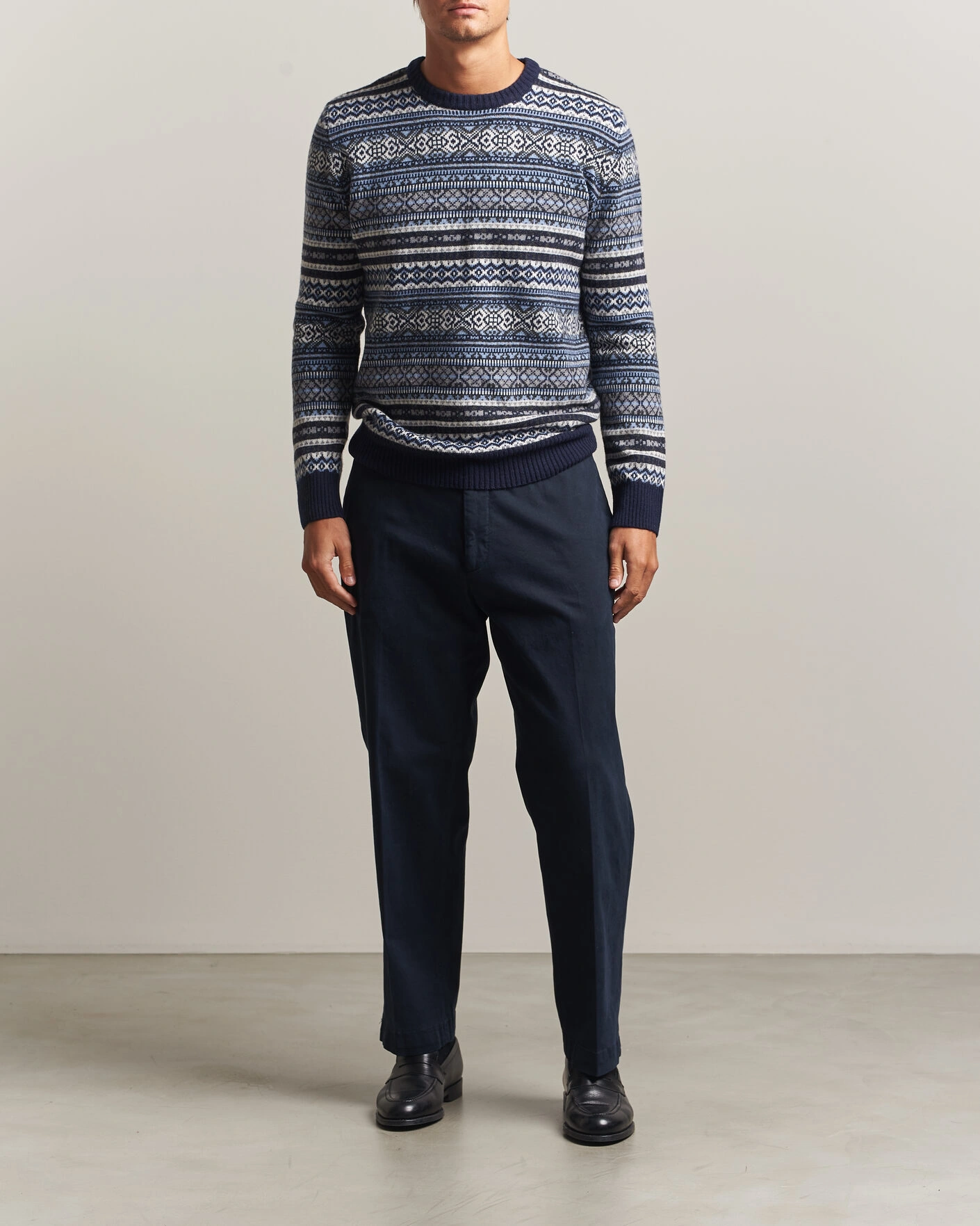 Herr | Tröjor | Morgano | Wool/Cashmere Fair Isle Knitted Crewneck Navy