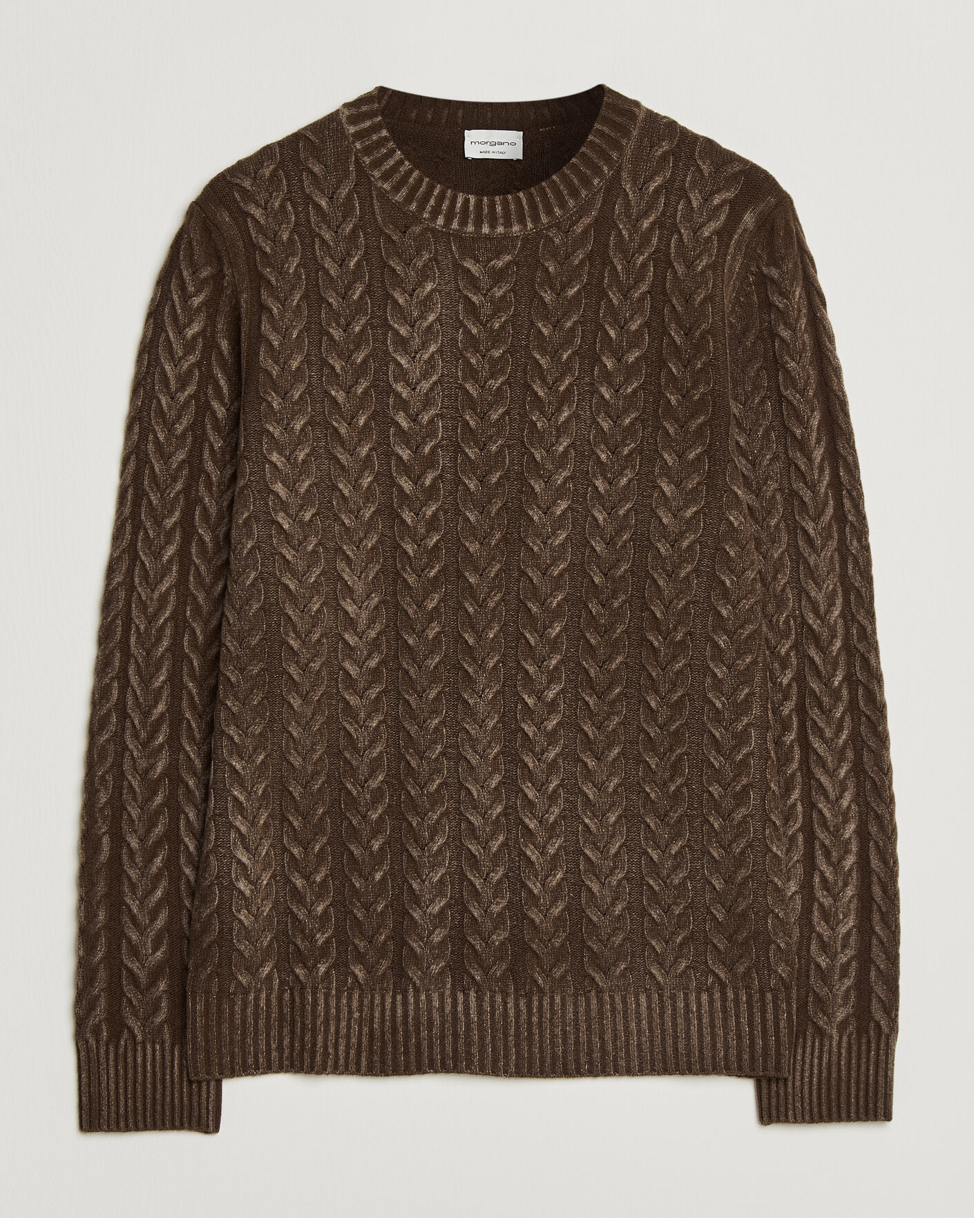 Herr | Tröjor | Morgano | Cable Knitted Brushed Dyed Wool Crew Brown