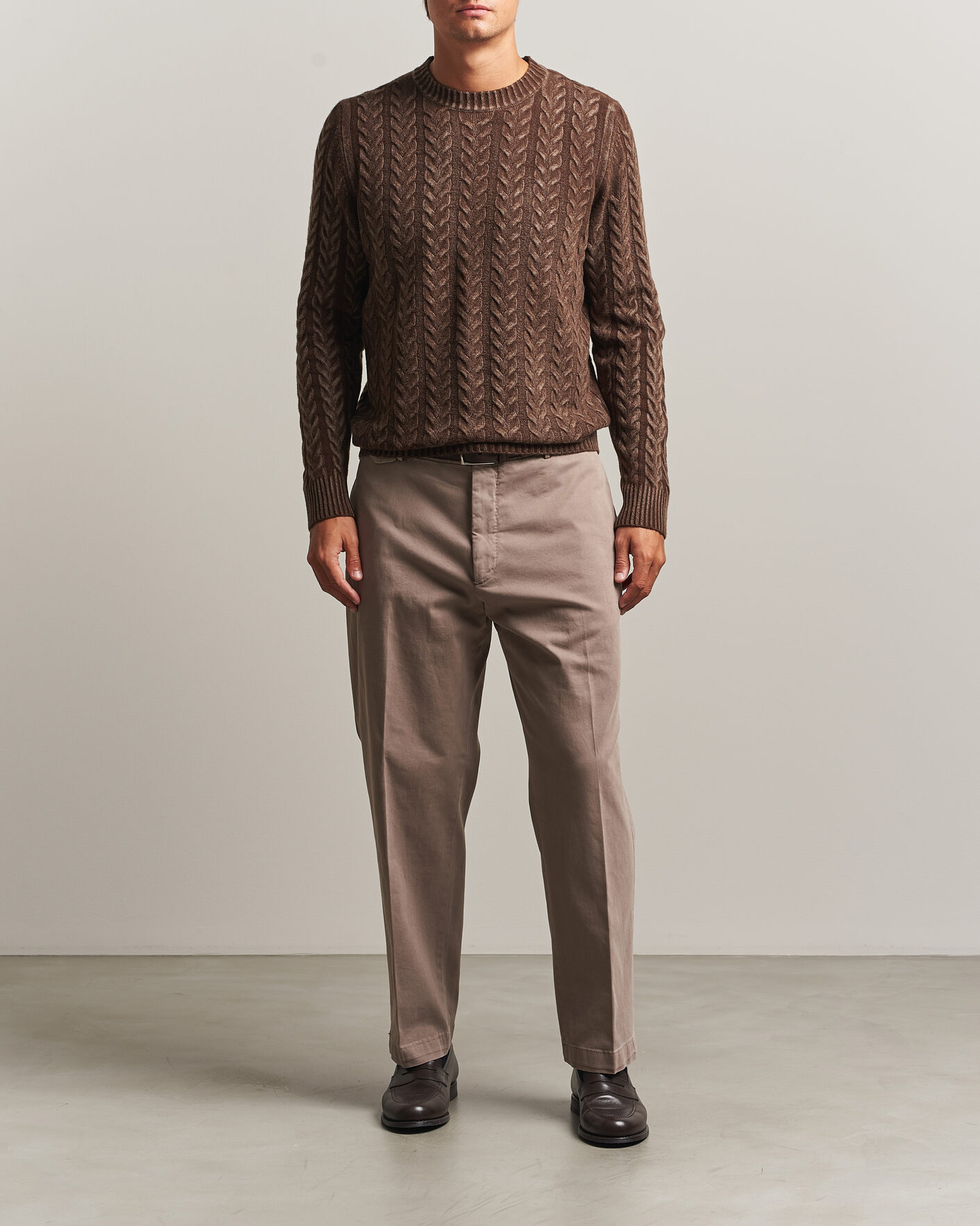 Herr | Tröjor | Morgano | Cable Knitted Brushed Dyed Wool Crew Brown