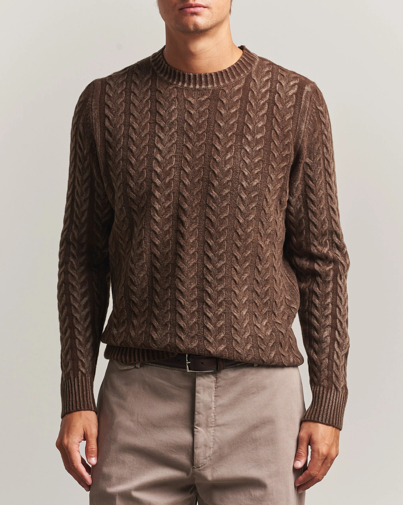 Herr | Tröjor | Morgano | Cable Knitted Brushed Dyed Wool Crew Brown