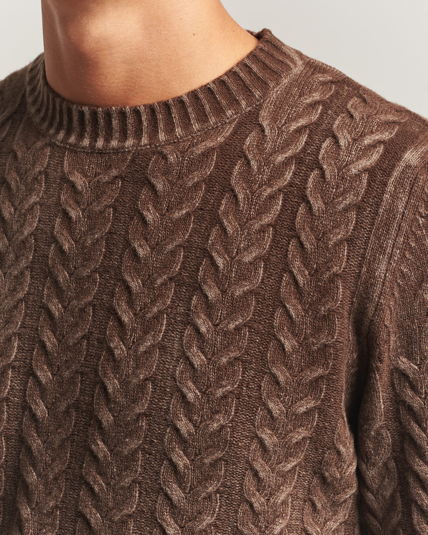 Herr | Tröjor | Morgano | Cable Knitted Brushed Dyed Wool Crew Brown