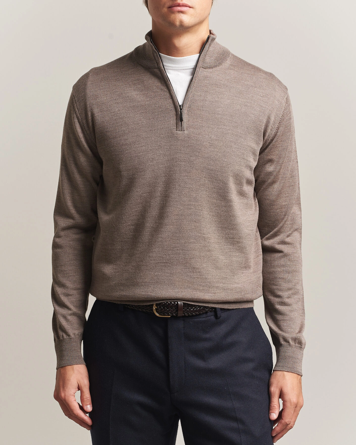 Herr | Tröjor | Morgano | Extra Fine Merino Wool Half-Zip Mid Brown