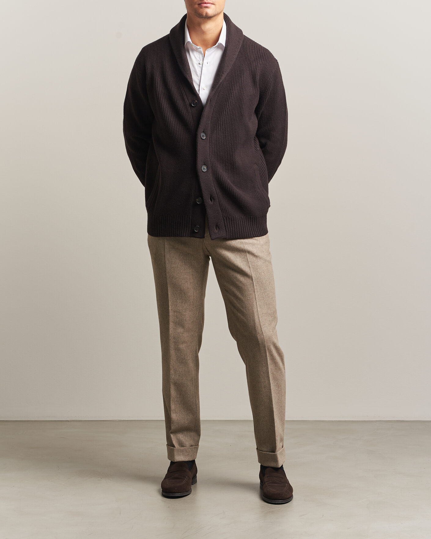 Herr | Tröjor | Charles Tyrwhitt | Chunky Merino Shawl Neck Cardigan Chocolate