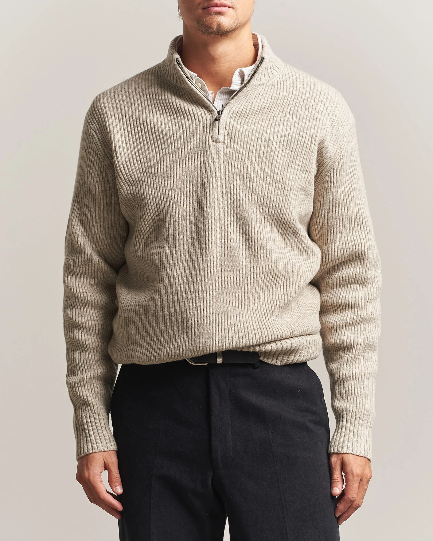 Herr | Tröjor | Charles Tyrwhitt | Chunky Merino Zip Neck Oat
