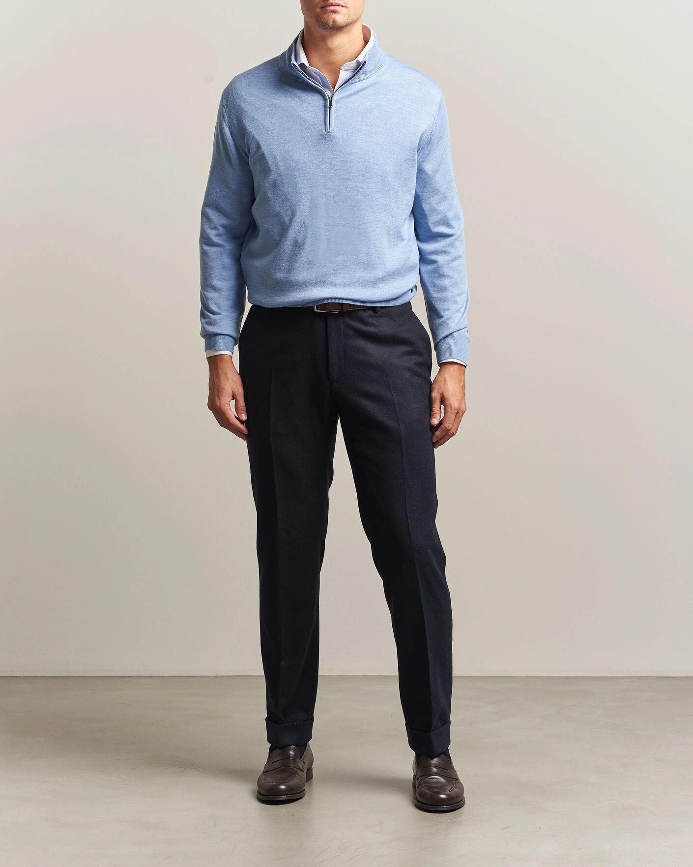 Herr | Tröjor | Charles Tyrwhitt | Pure Merino Zip Neck Jumper Cornflower Blue