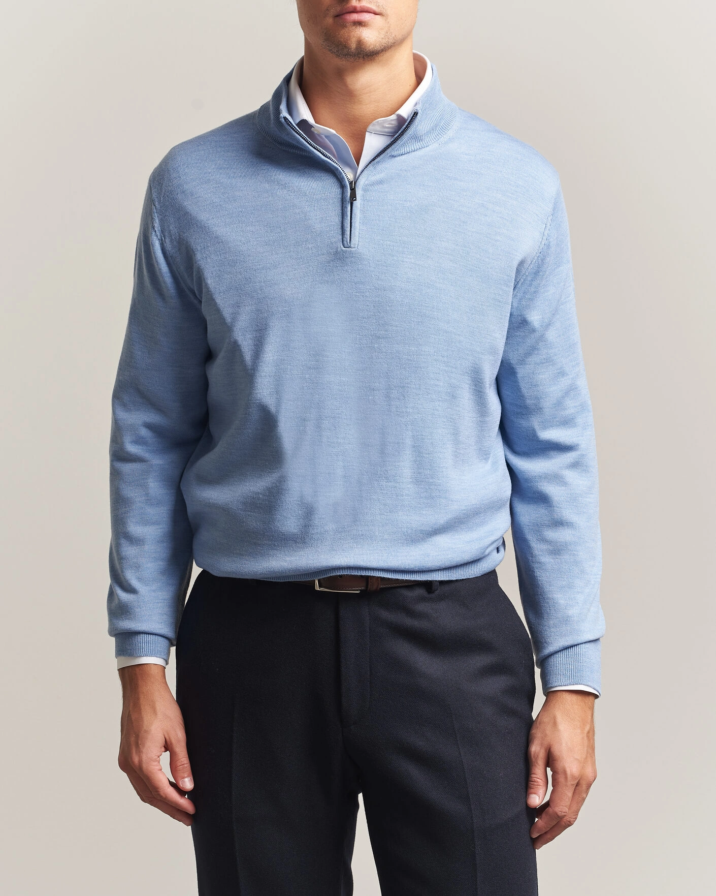 Herr | Tröjor | Charles Tyrwhitt | Pure Merino Zip Neck Jumper Cornflower Blue