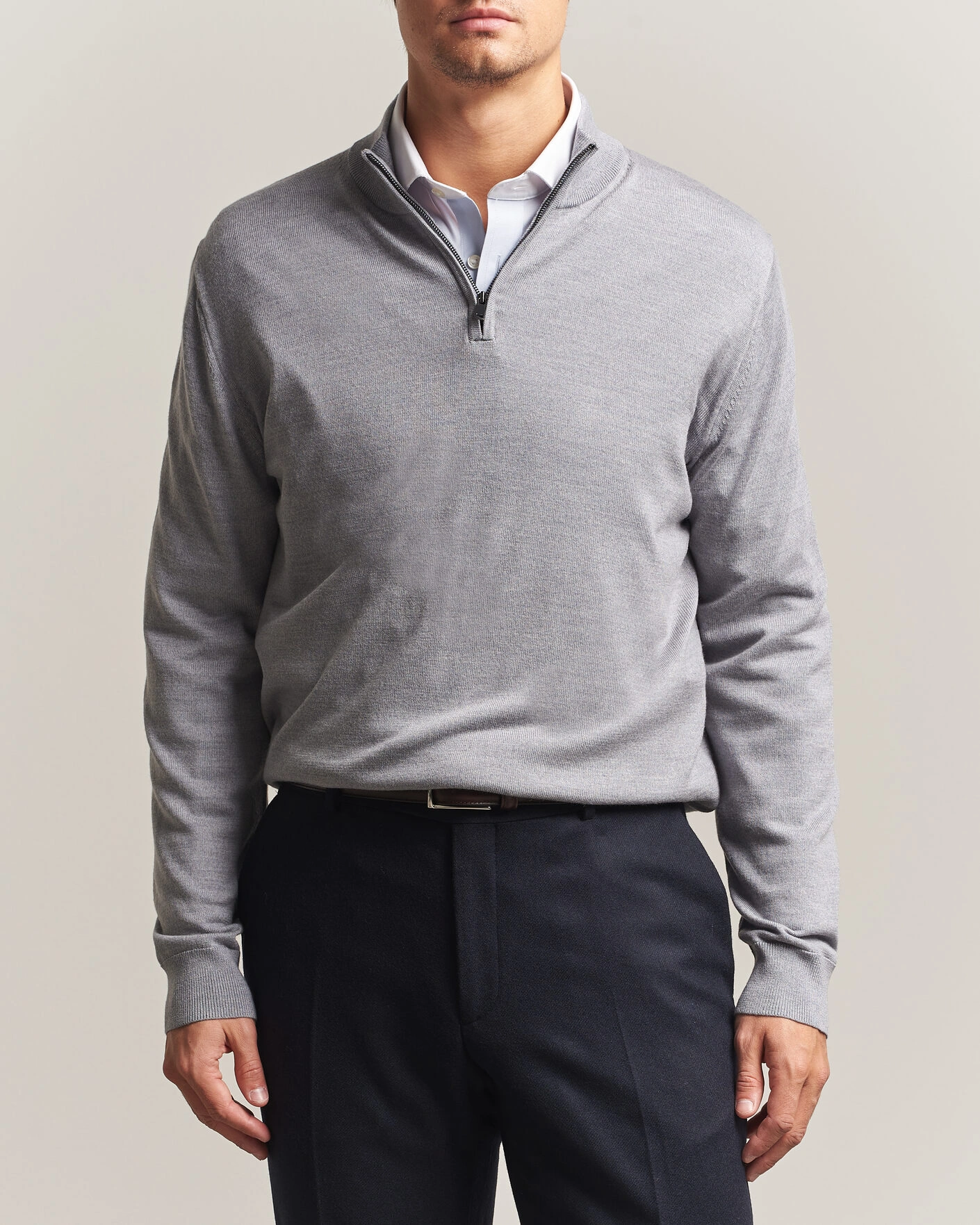 Herr | Tröjor | Charles Tyrwhitt | Pure Merino Zip Neck Jumper Light Grey
