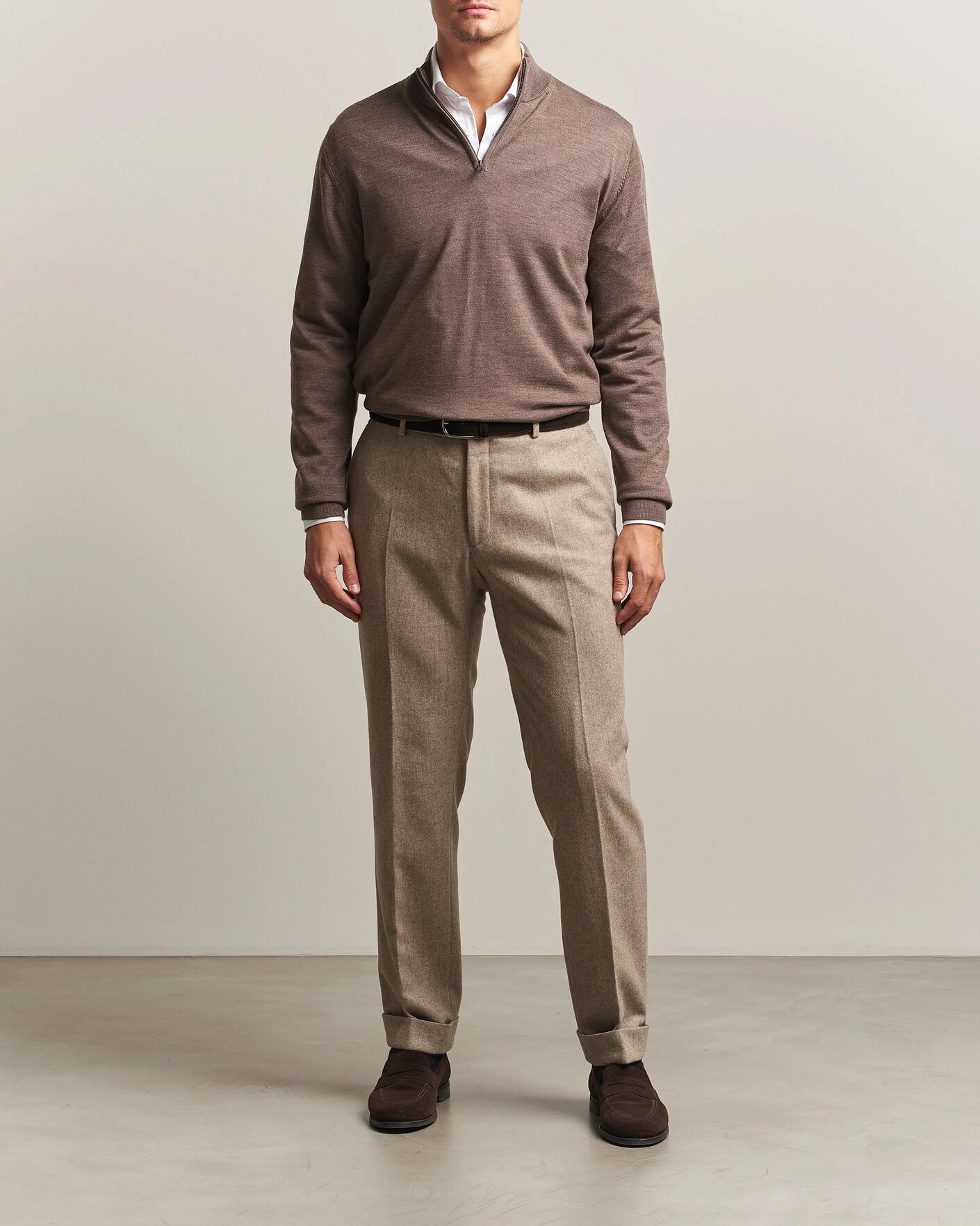 Herr | Tröjor | Charles Tyrwhitt | Pure Merino Zip Neck Jumper Mocha