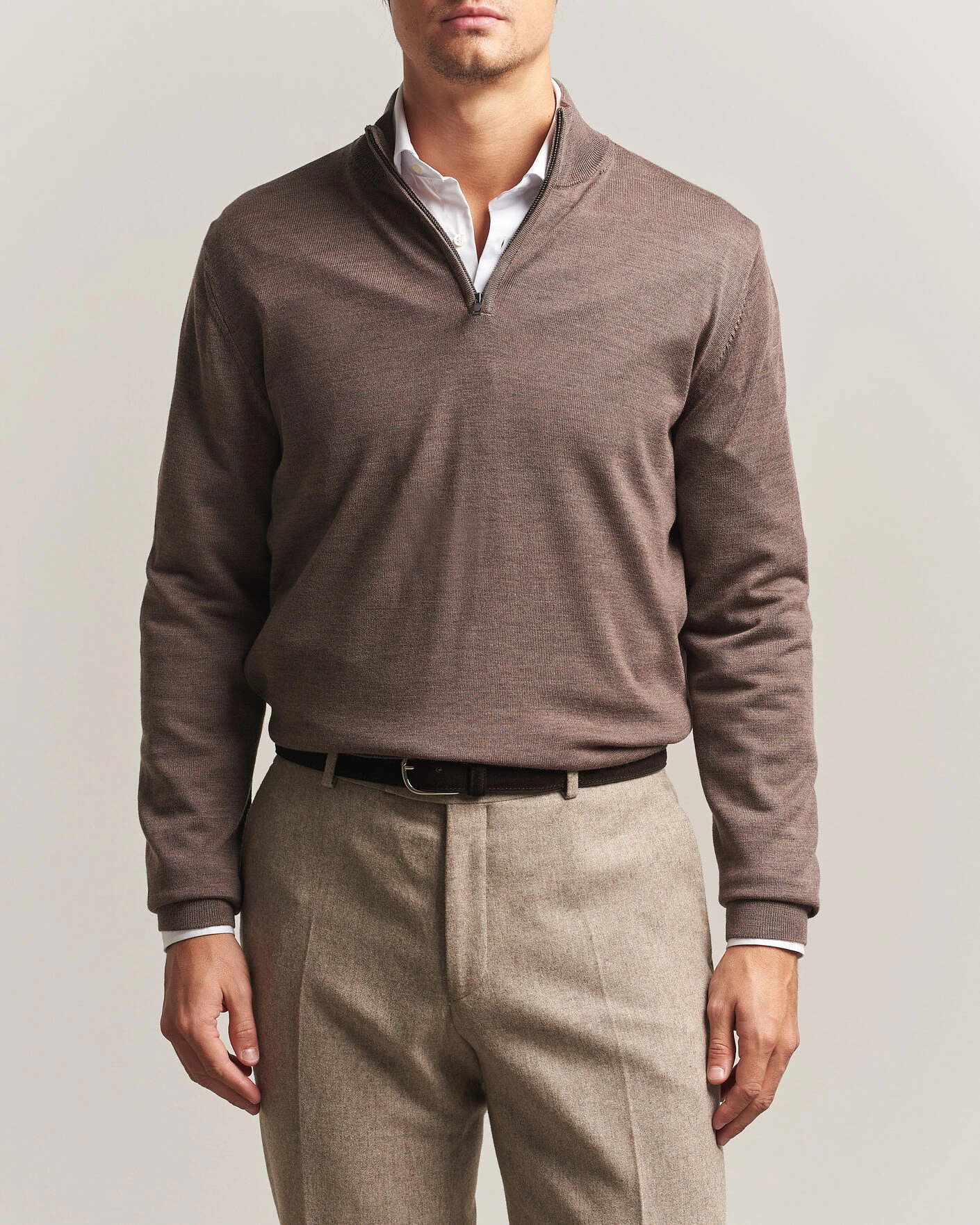Herr | Tröjor | Charles Tyrwhitt | Pure Merino Zip Neck Jumper Mocha