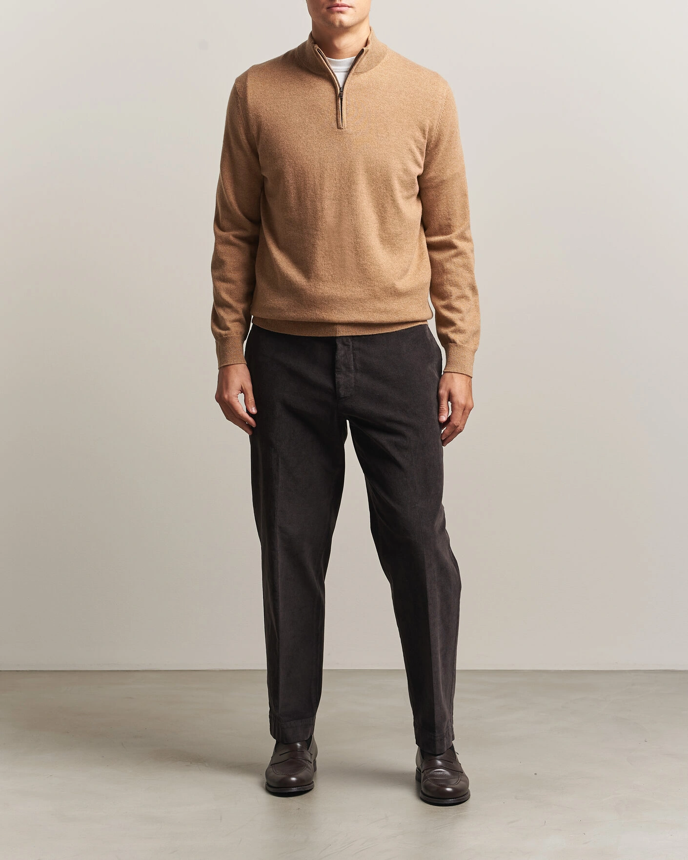 Herr | Tröjor | Charles Tyrwhitt | Pure Cashmere Zip Neck Jumper Tan