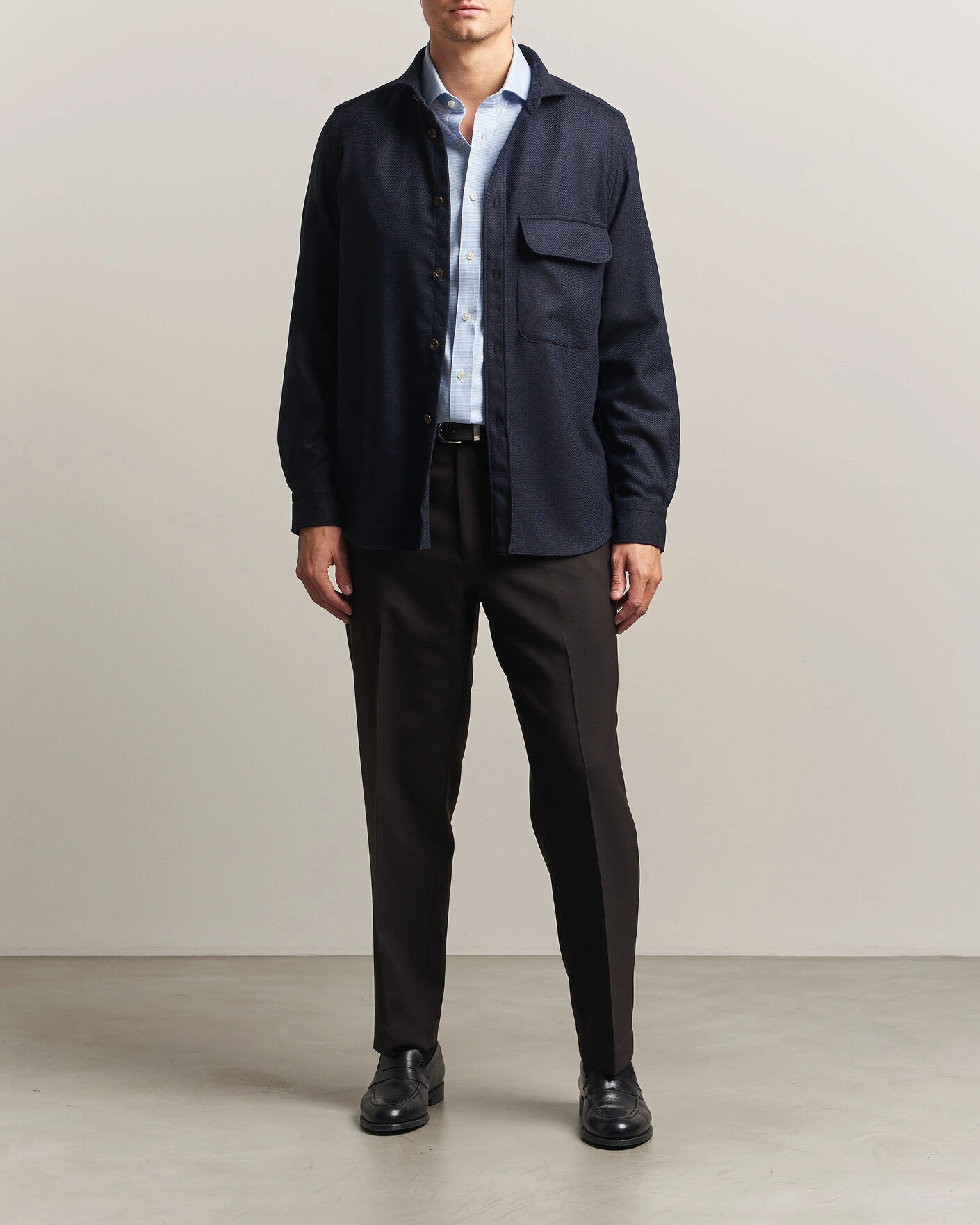 Herr | Skjortor | Finamore Napoli | Wool Herringbone Overshirt Navy