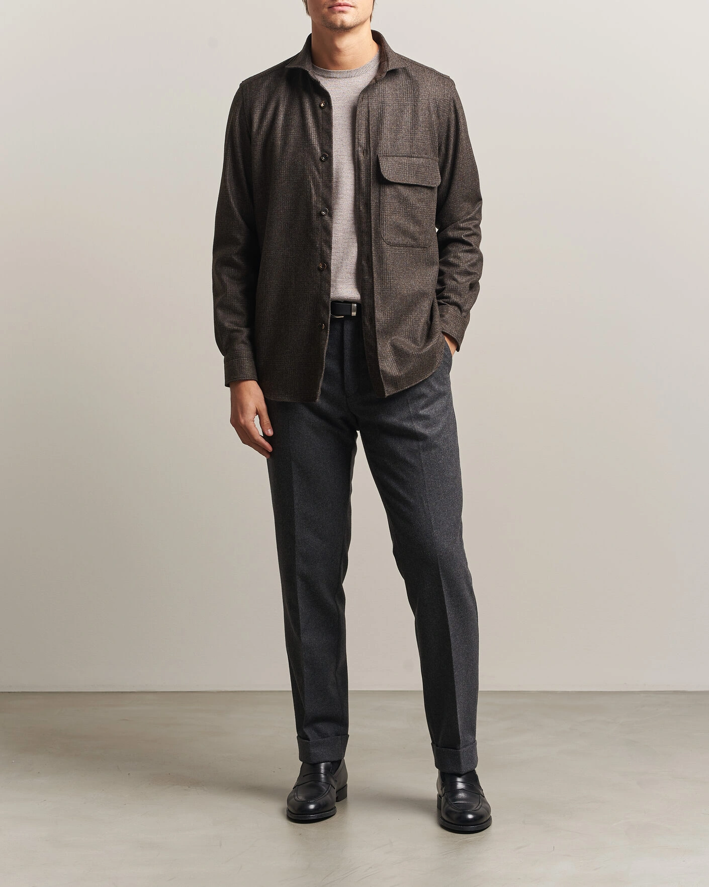 Herr | Skjortor | Finamore Napoli | Wool Houndstooth Overshirt Dark Brown