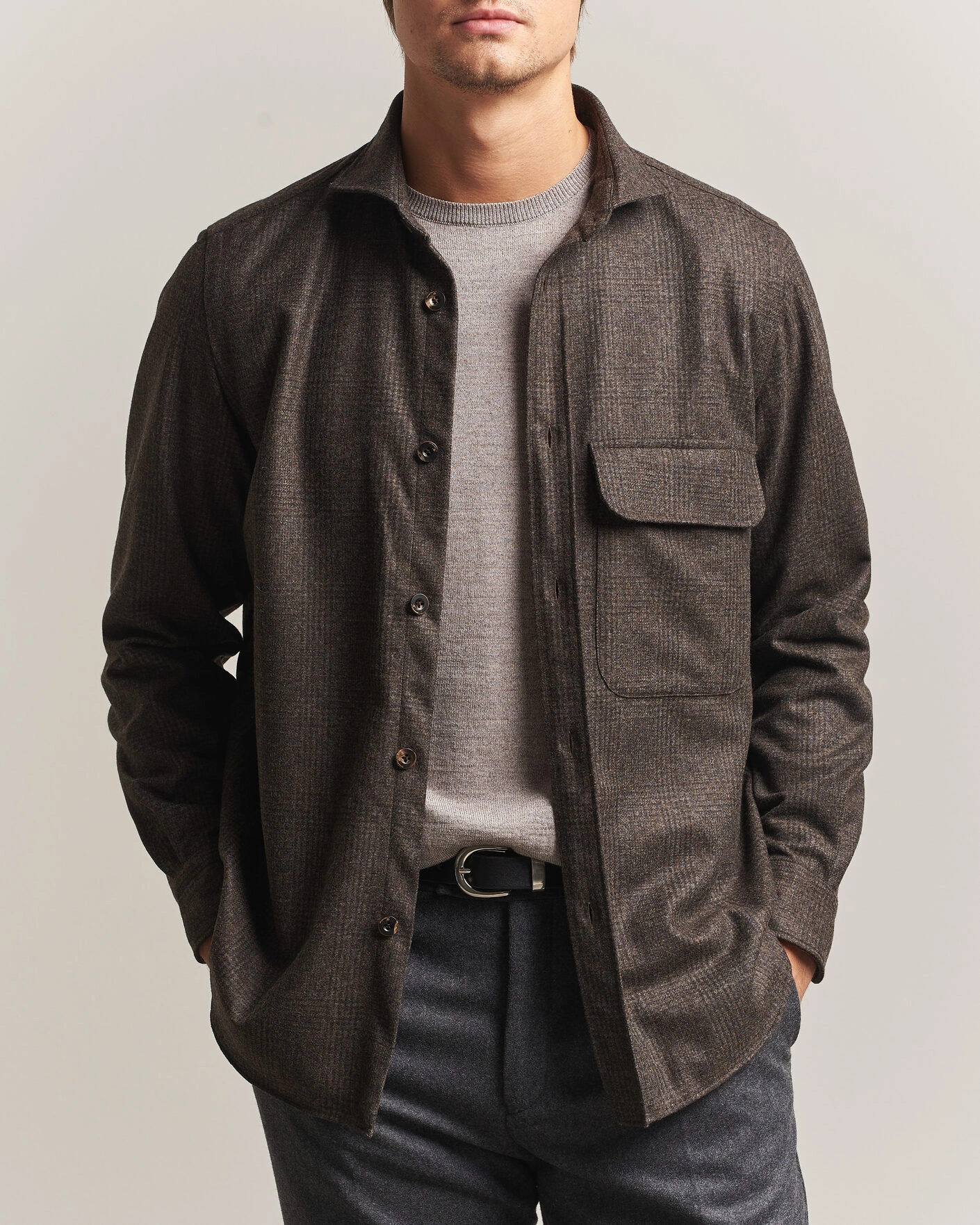 Herr | Skjortor | Finamore Napoli | Wool Houndstooth Overshirt Dark Brown