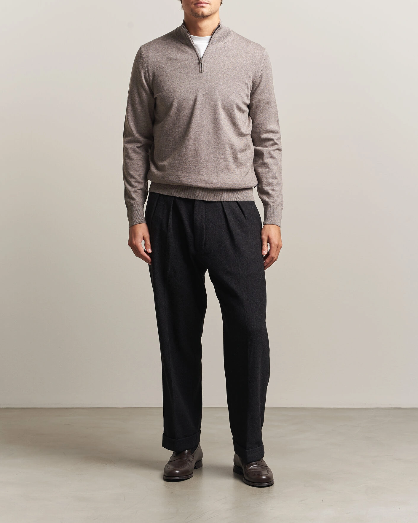 Herr | Tröjor | BOSS BLACK | Ebenji Merino Knitted Half Zip Open Brown