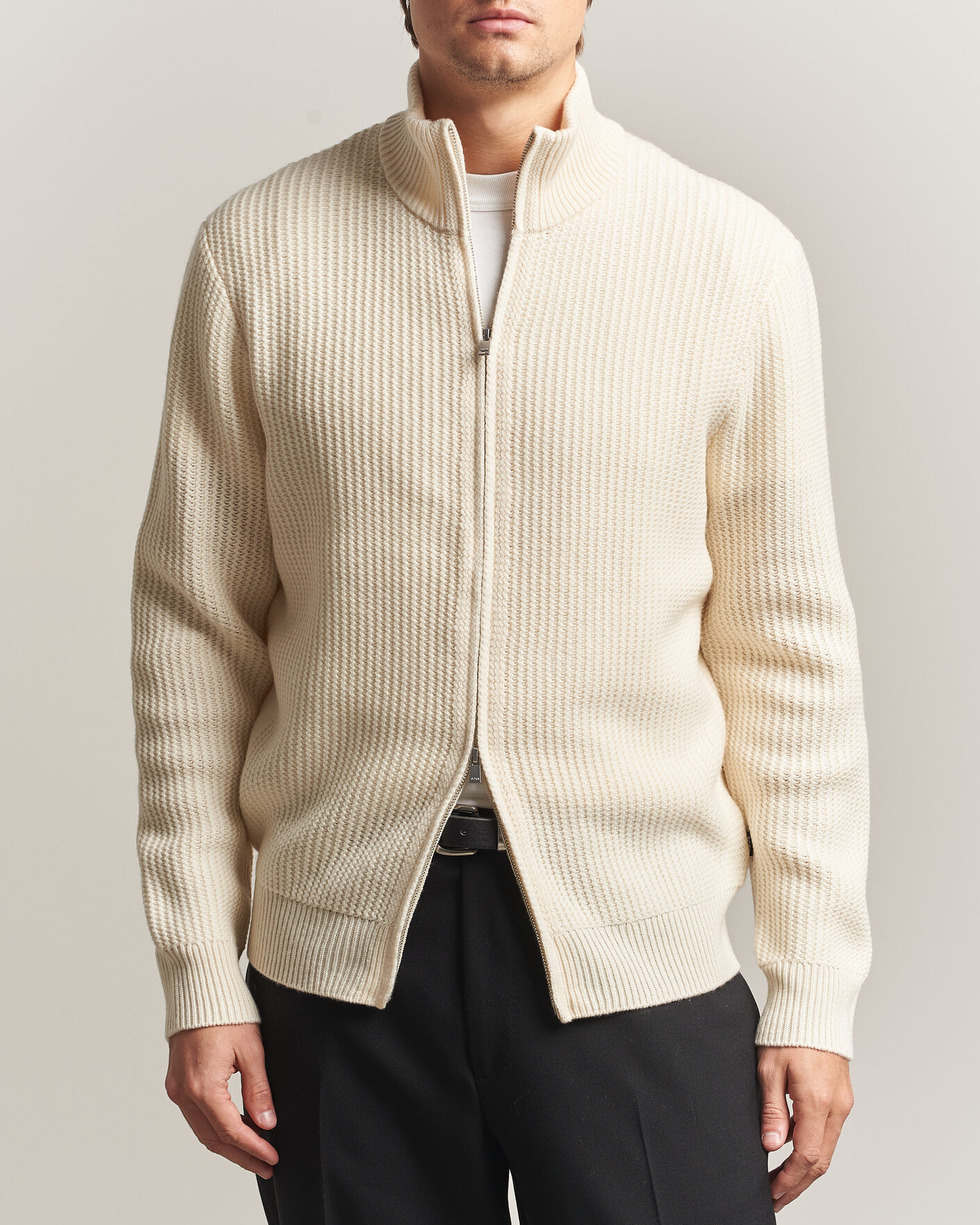 Herr | Tröjor | BOSS BLACK | Fiocco Wool/Cashmere Full Zip Open White