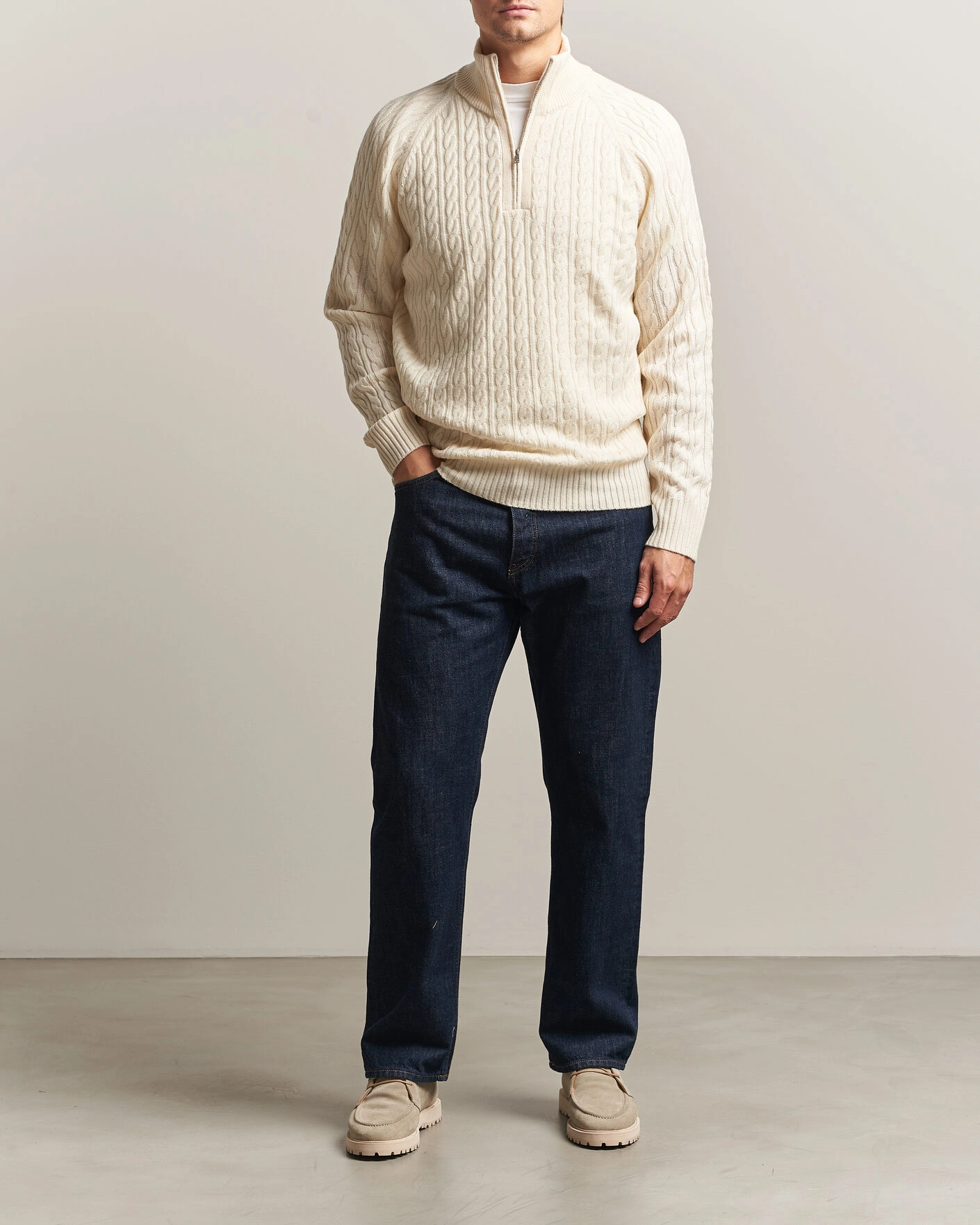 Herr | Tröjor | BOSS BLACK | Furore Wool/Cashmere Cable Half Zip Open White
