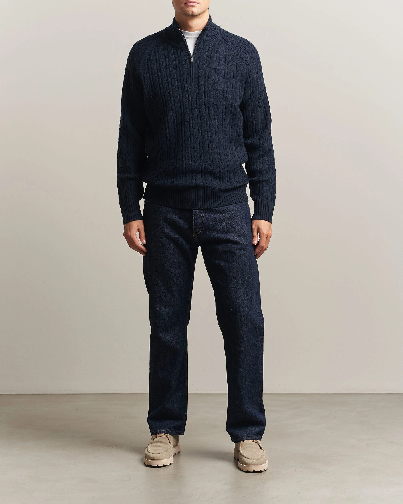 Herr | Tröjor | BOSS BLACK | Furore Wool/Cashmere Cable Half Zip Dark Blue
