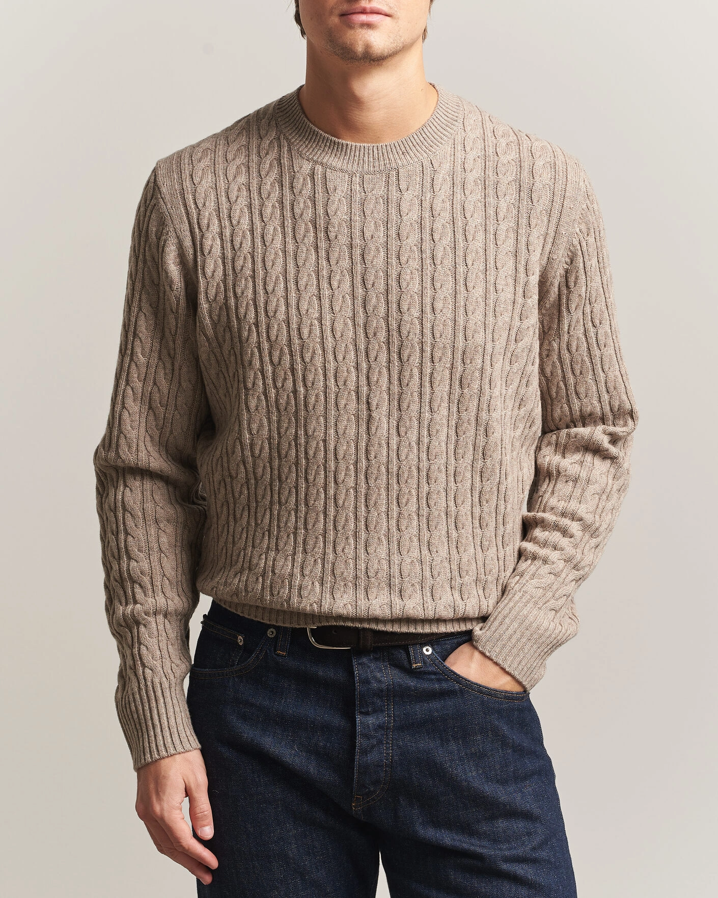 Herr | Tröjor | BOSS BLACK | Furlan Wool/Cashmere Cable Crew Neck Open Brown