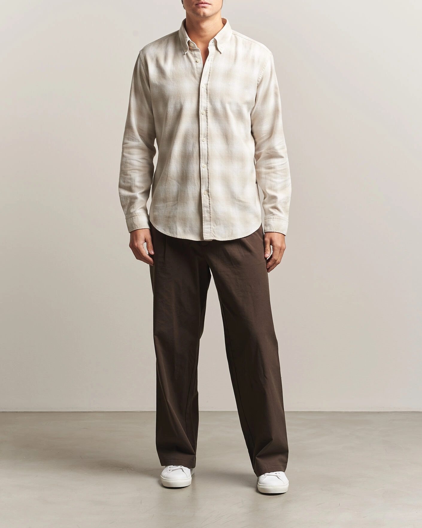 Herr | Skjortor | BOSS ORANGE | Rickert Brushed Cotton Checked Shirt Light Beige