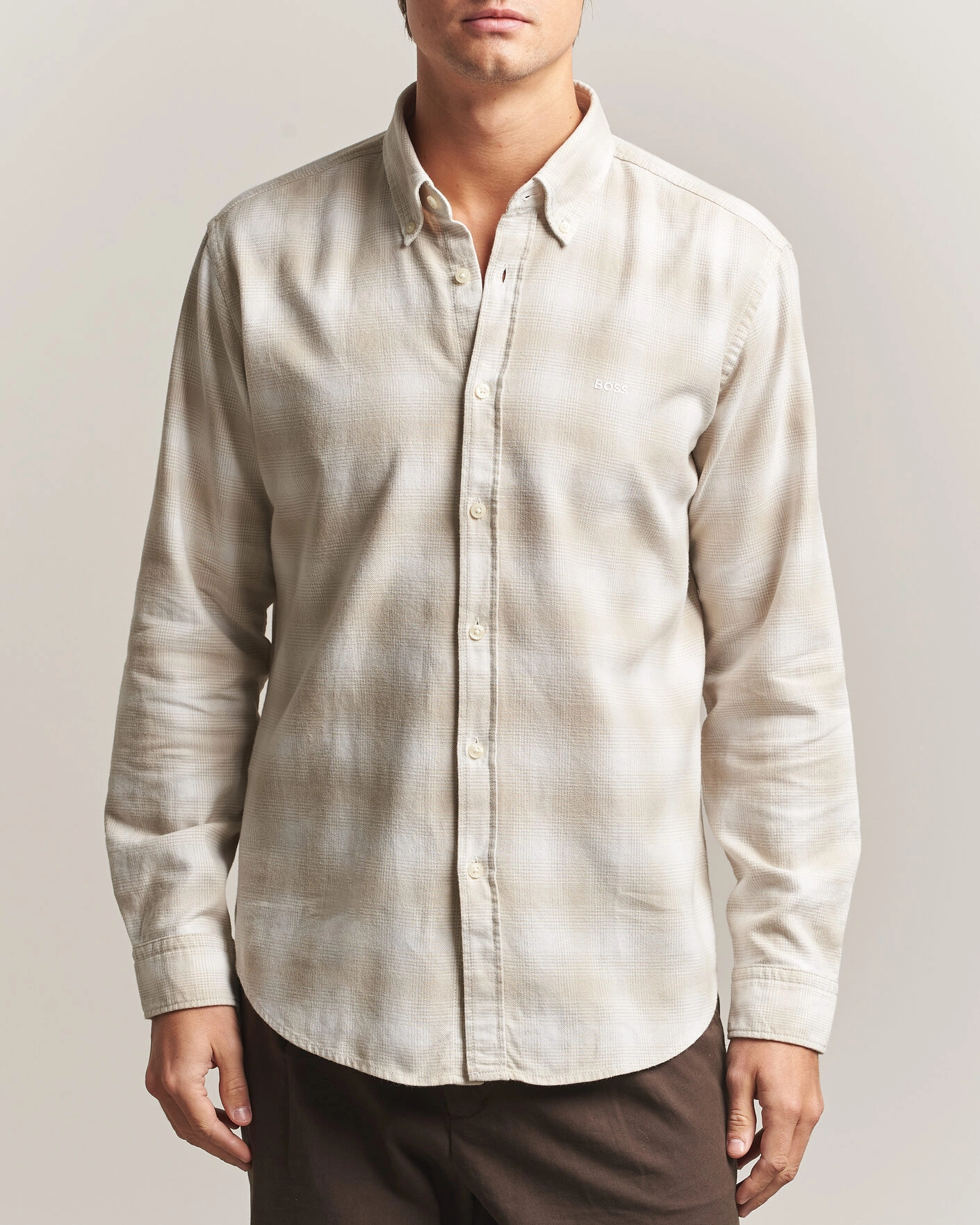 Herr | Skjortor | BOSS ORANGE | Rickert Brushed Cotton Checked Shirt Light Beige