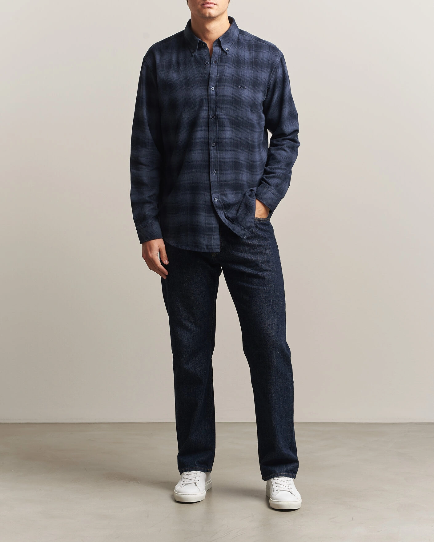 Herr | Skjortor | BOSS ORANGE | Rickert Brushed Cotton Checked Shirt Dark Blue