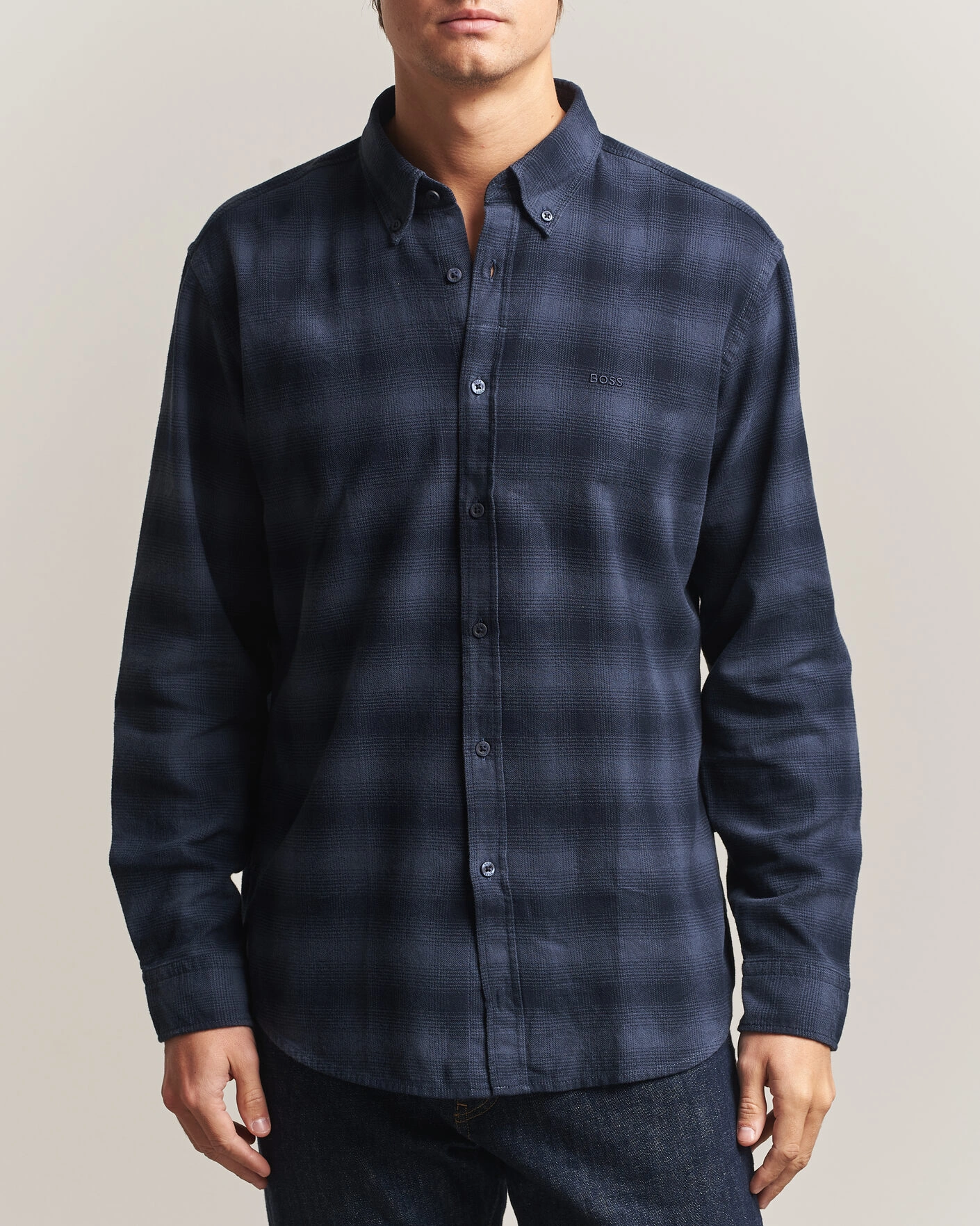 Herr | Skjortor | BOSS ORANGE | Rickert Brushed Cotton Checked Shirt Dark Blue