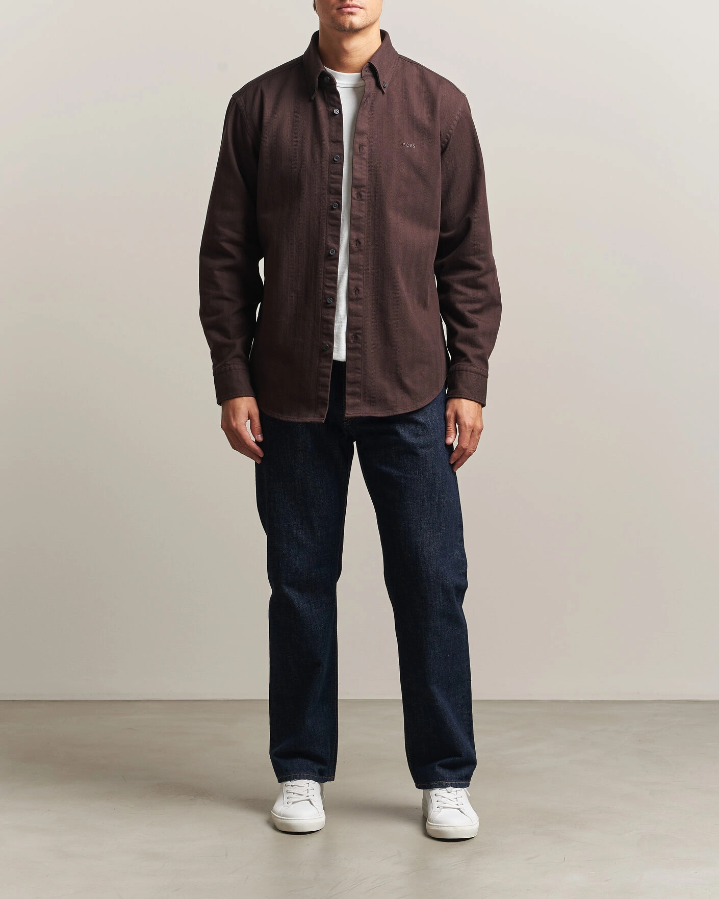 Herr | Skjortor | BOSS ORANGE | Ricopuls Brushed Herringbone Shirt Dark Brown