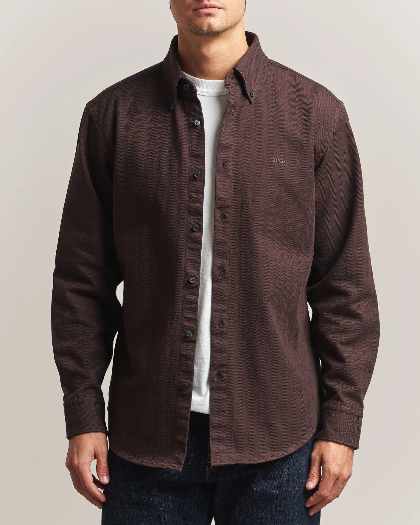 Herr | Skjortor | BOSS ORANGE | Ricopuls Brushed Herringbone Shirt Dark Brown